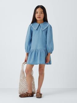 John Lewis Kids' Embroidered Collar Denim Dress, Blue - view 2, Blue