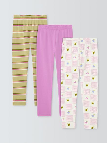 John Lewis Kids' Stripe/Plain/Fruit Check Leggings, Pack of 3, Multi, Multi