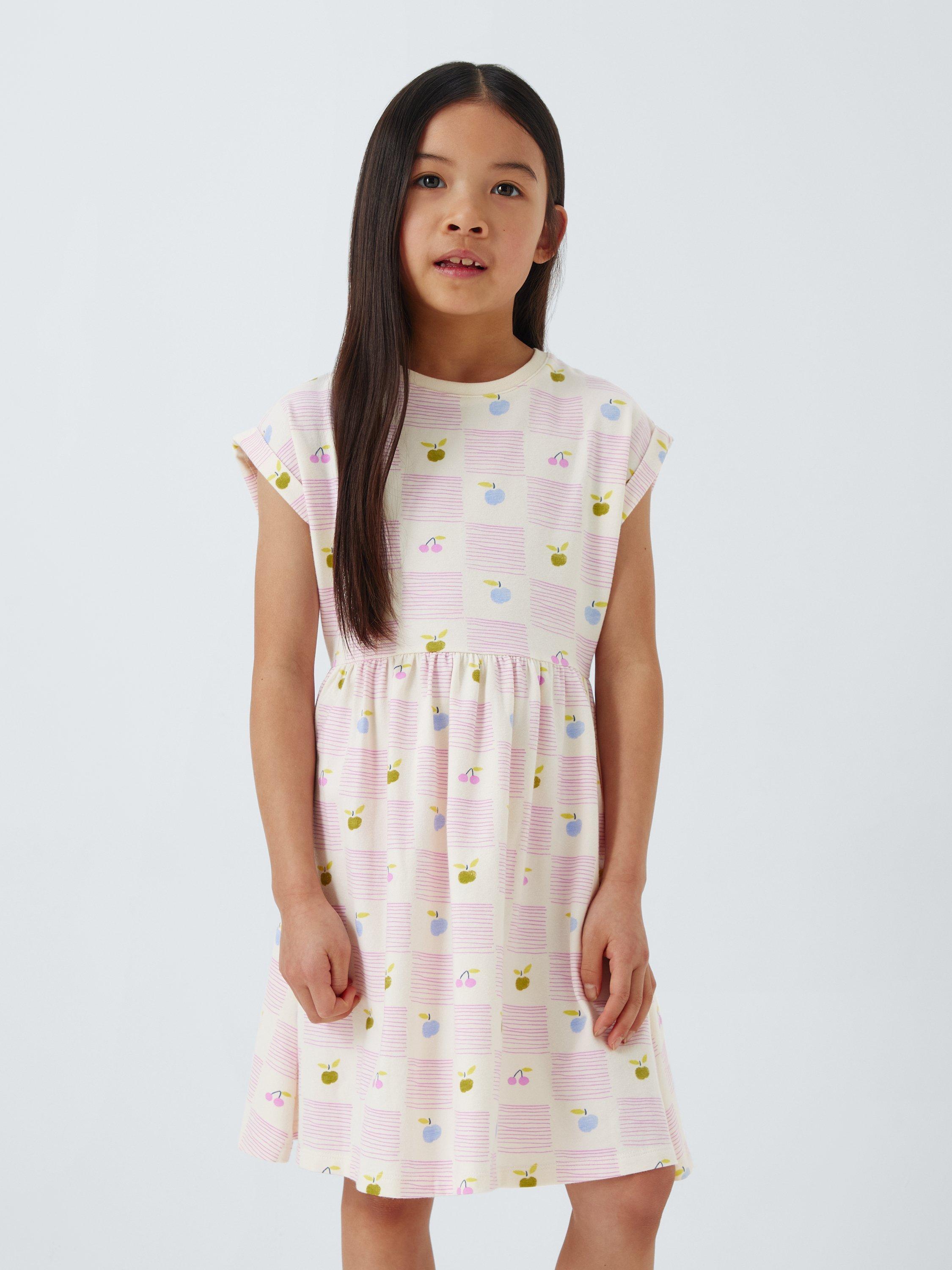 John Lewis Kids' Fruit Check Jersey Dress, Pink, White