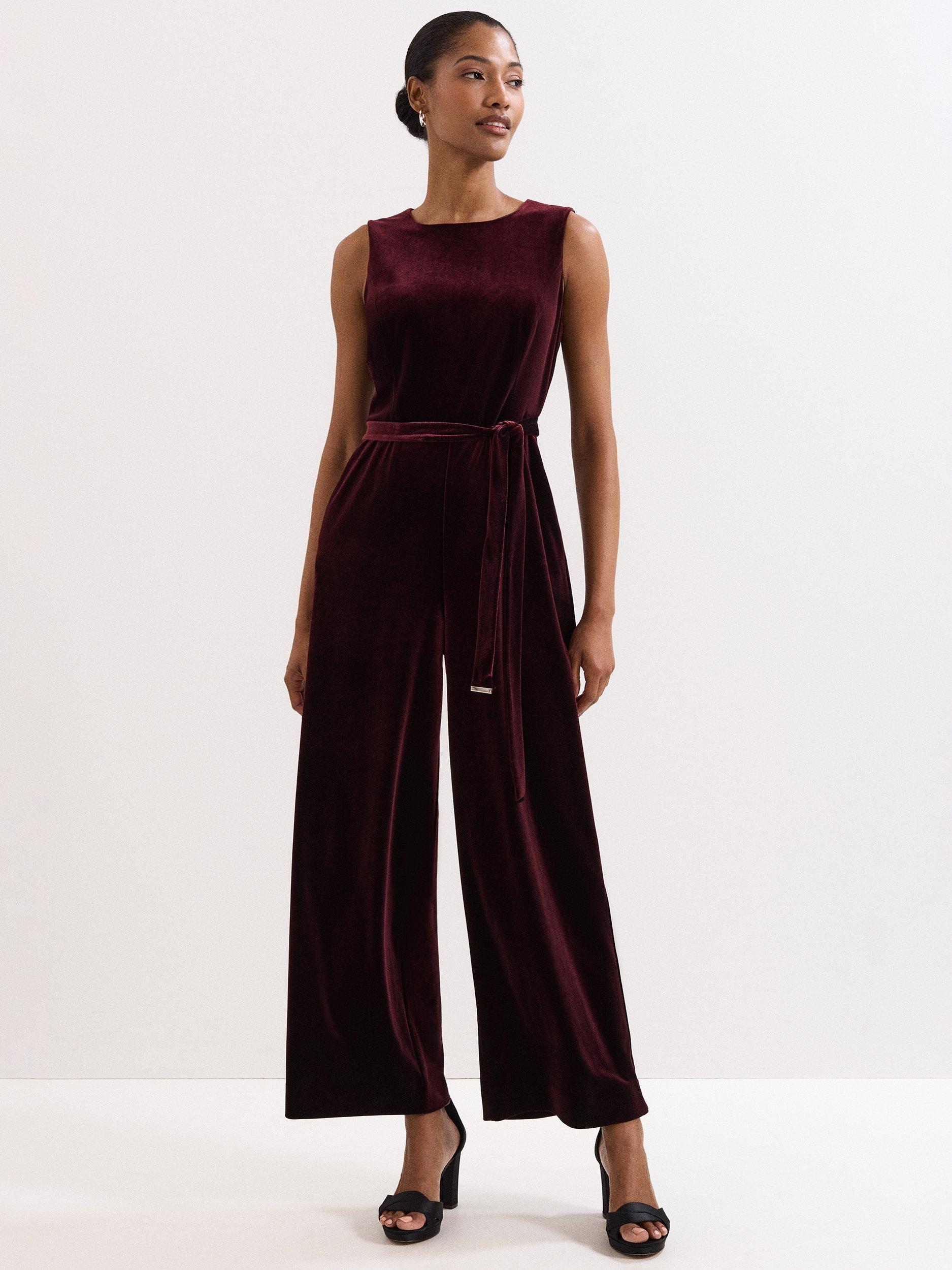 Product image 1 of 9, which shows Phase Eight Martha Velvet Jumpsuit, Burgundy, 6