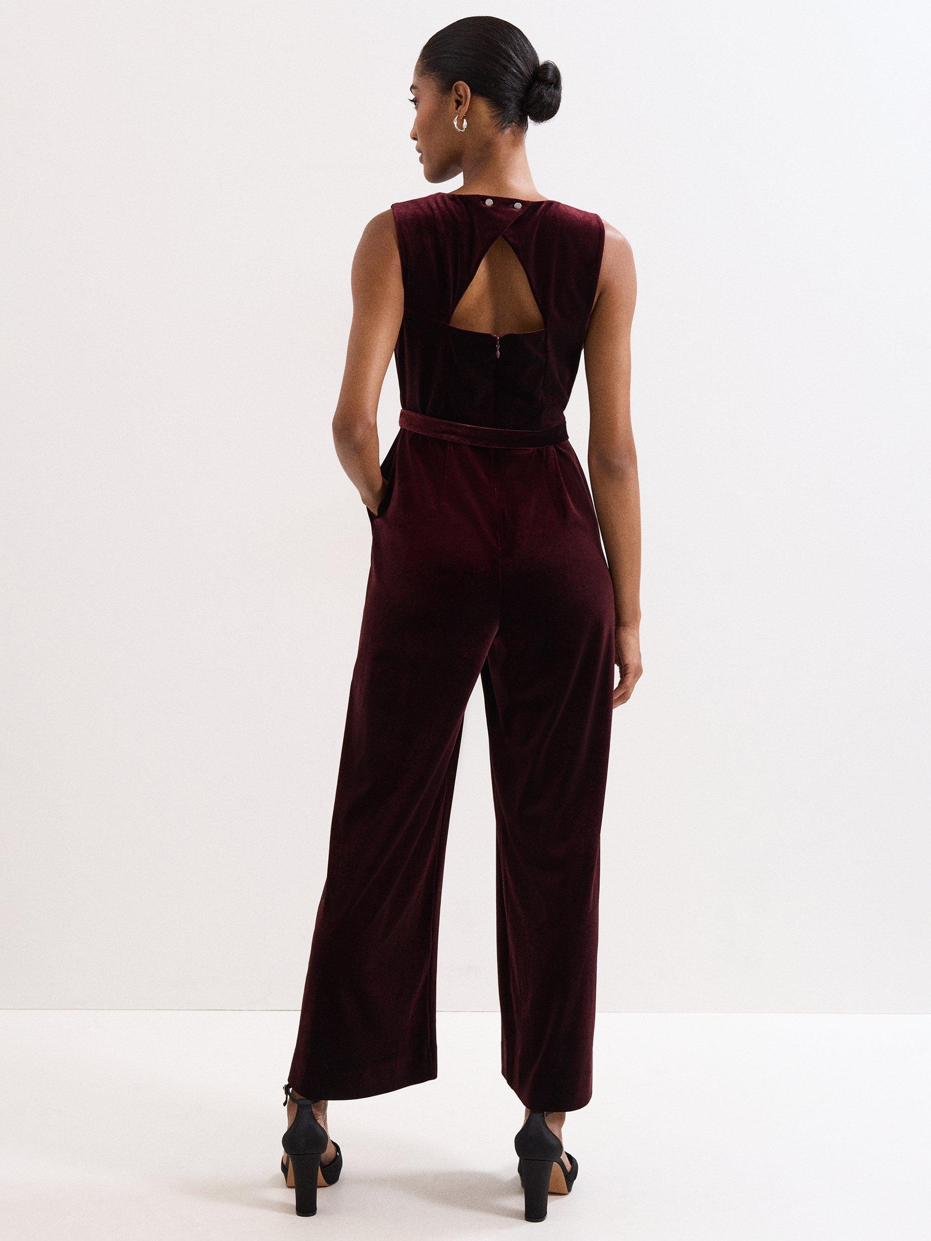 Product image 2 of 9, which shows Phase Eight Martha Velvet Jumpsuit, Burgundy, 6