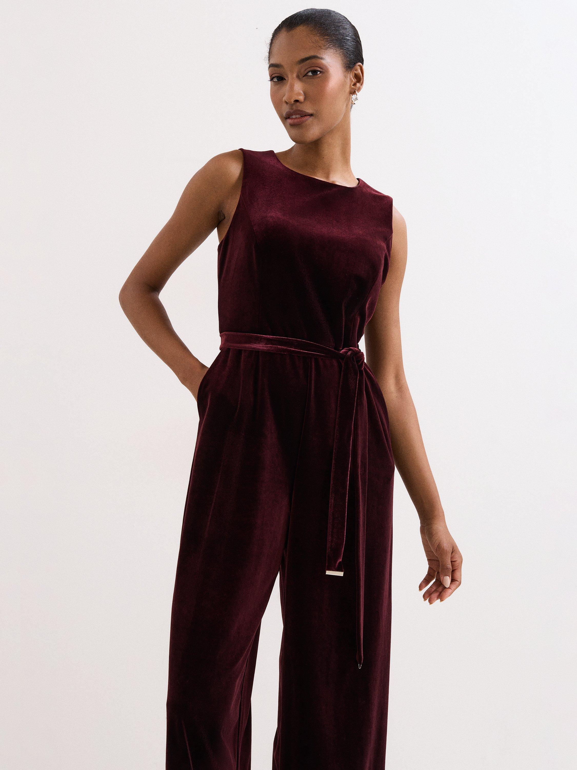 Product image 3 of 9, which shows Phase Eight Martha Velvet Jumpsuit, Burgundy, 6