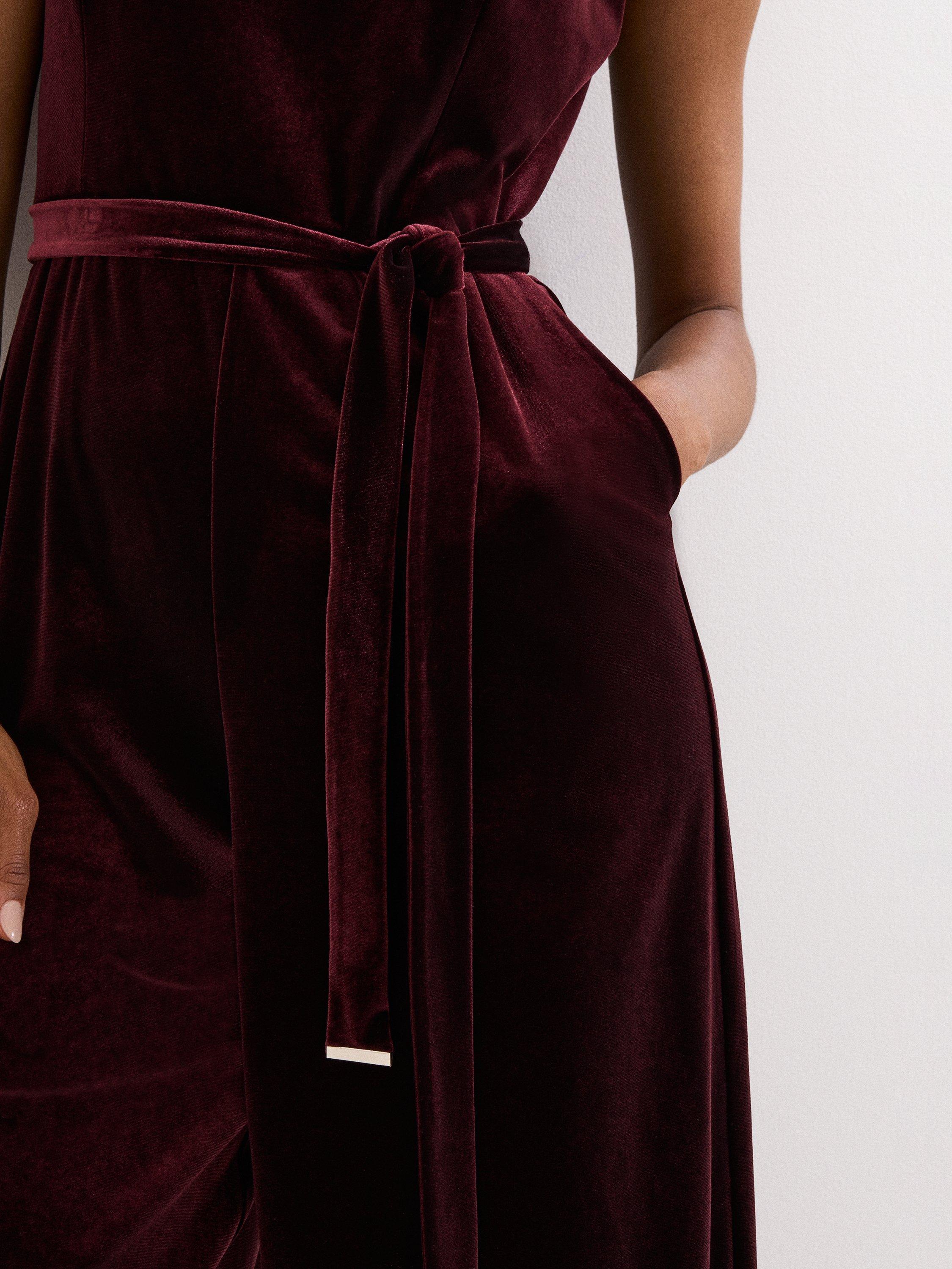 Product image 7 of 9, which shows Phase Eight Martha Velvet Jumpsuit, Burgundy, 6