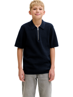 Jack & Jones Kids' Cotton Zip Neck Polo Shirt, Navy Blazer, Navy Blazer