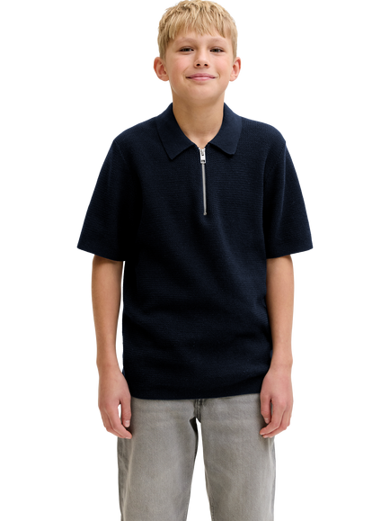 Jack & Jones Kids' Cotton Zip Neck Polo Shirt, Navy Blazer, Navy Blazer