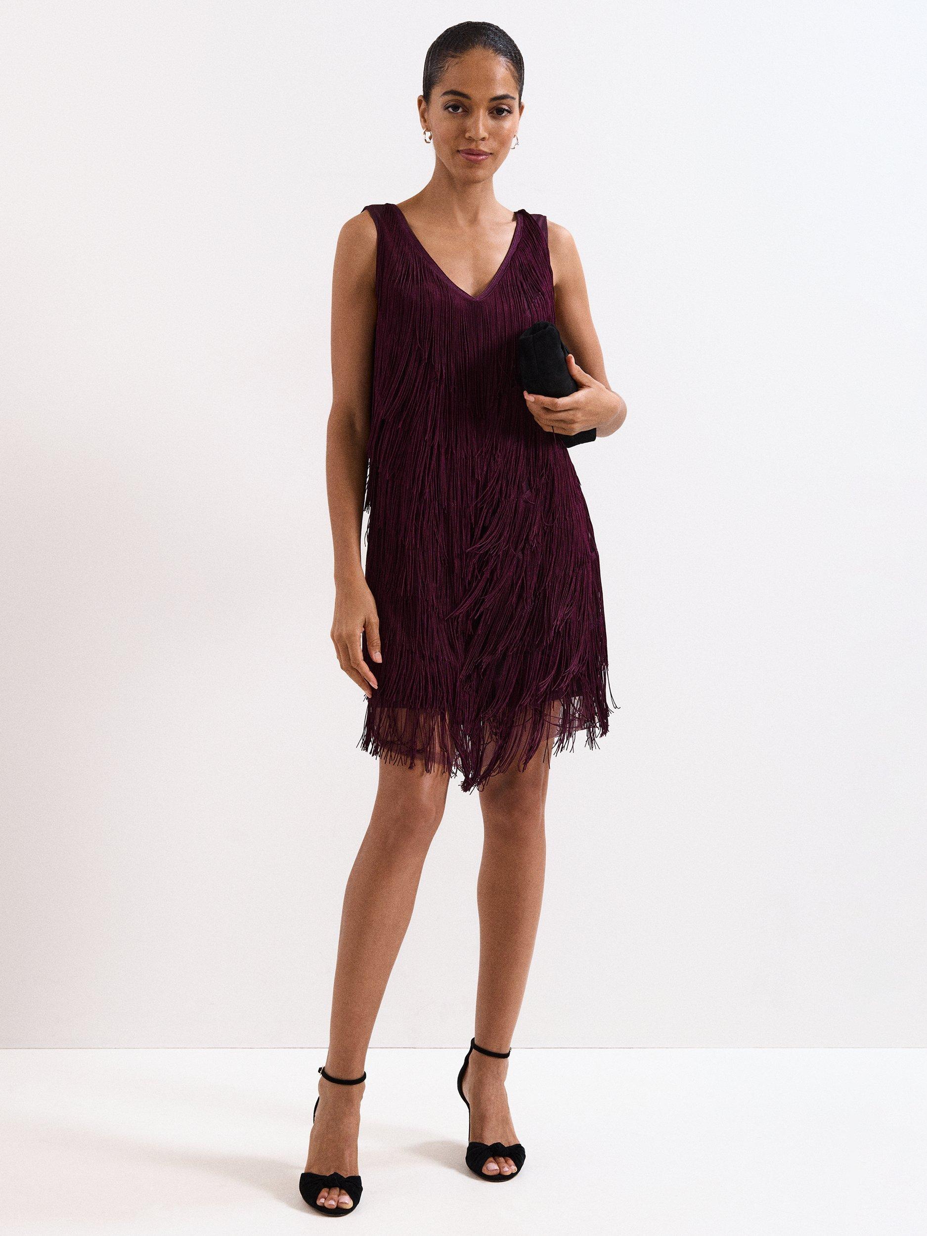 Product image 1 of 7, which shows Phase Eight Meryl A-Line Fringe Mini Dress, Burgundy, 10