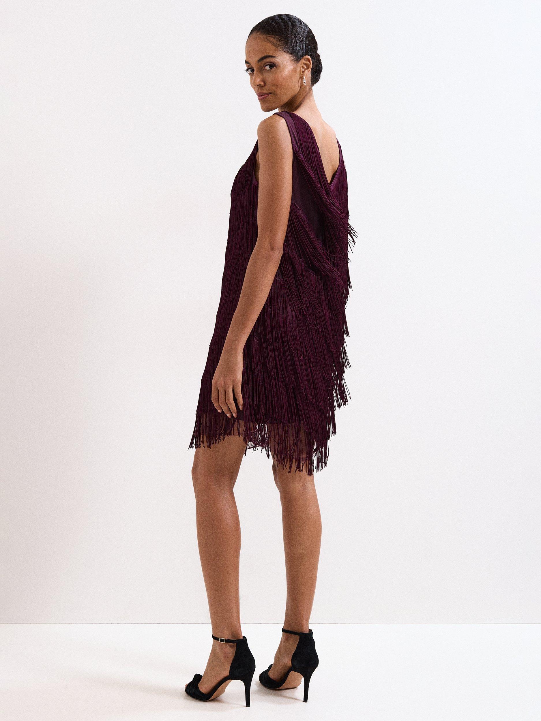 Product image 2 of 7, which shows Phase Eight Meryl A-Line Fringe Mini Dress, Burgundy, 10