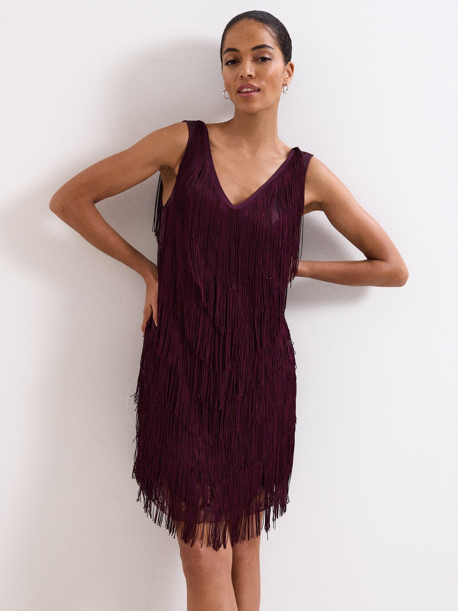 Product image 3 of 7, which shows Phase Eight Meryl A-Line Fringe Mini Dress, Burgundy, 10