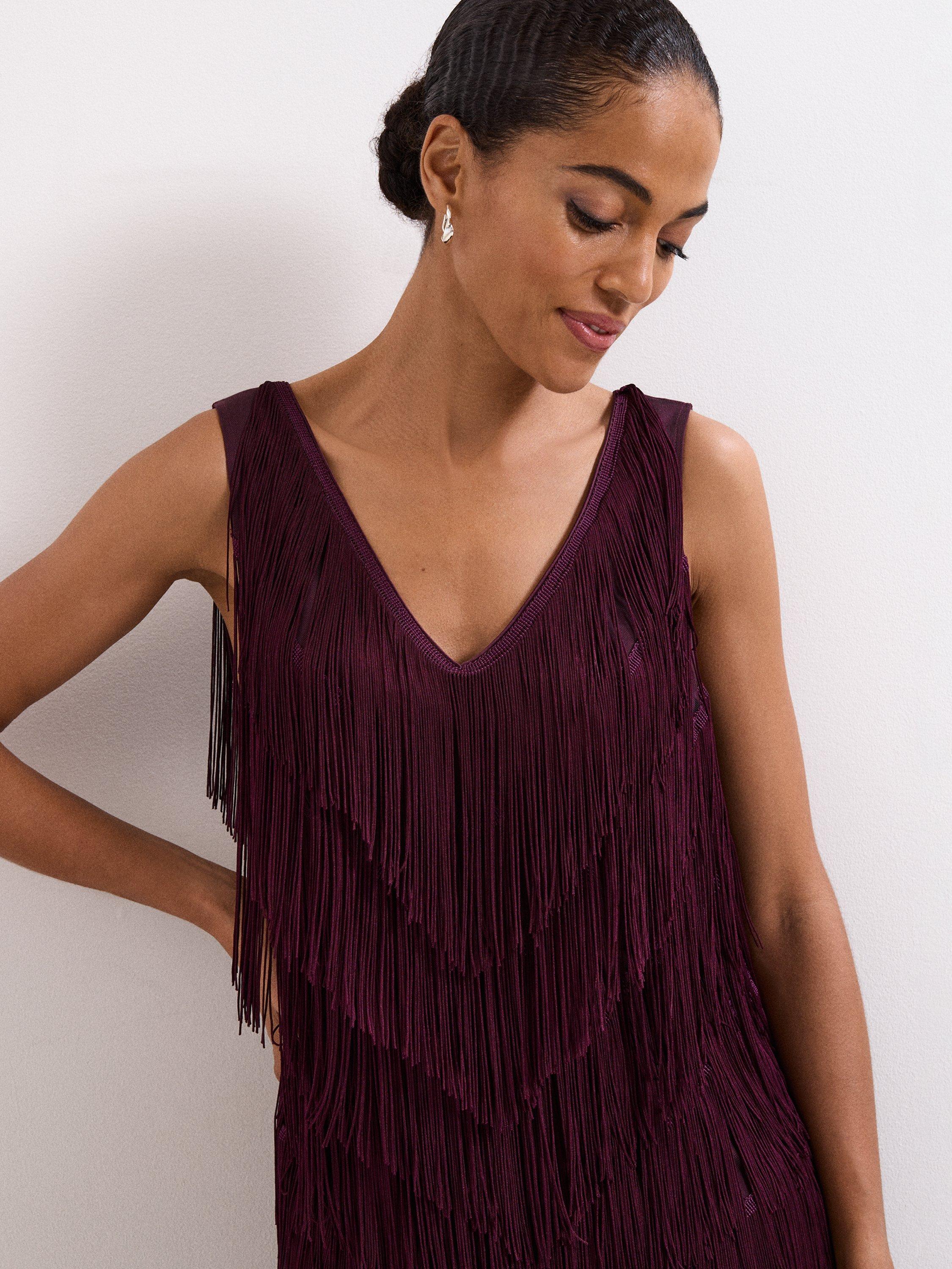 Product image 4 of 7, which shows Phase Eight Meryl A-Line Fringe Mini Dress, Burgundy, 10