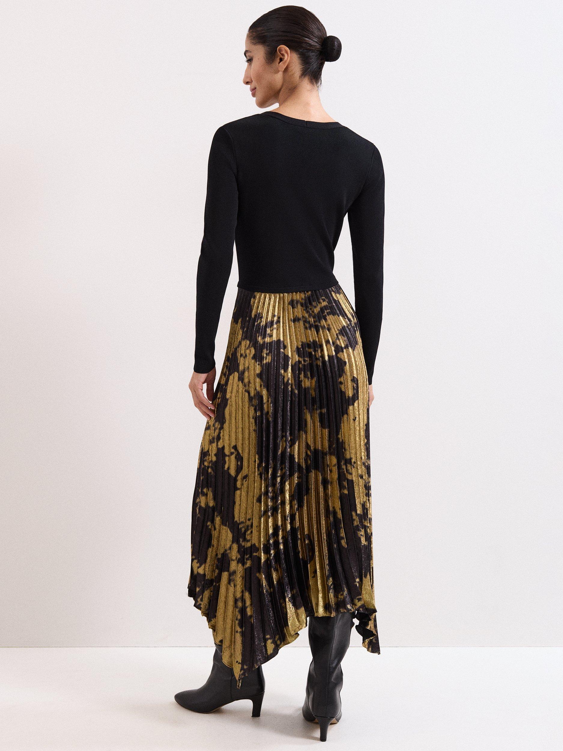 Product image 2 of 7, which shows Phase Eight Jenifer Split Pleated Print Dress, Gold/Black, 10