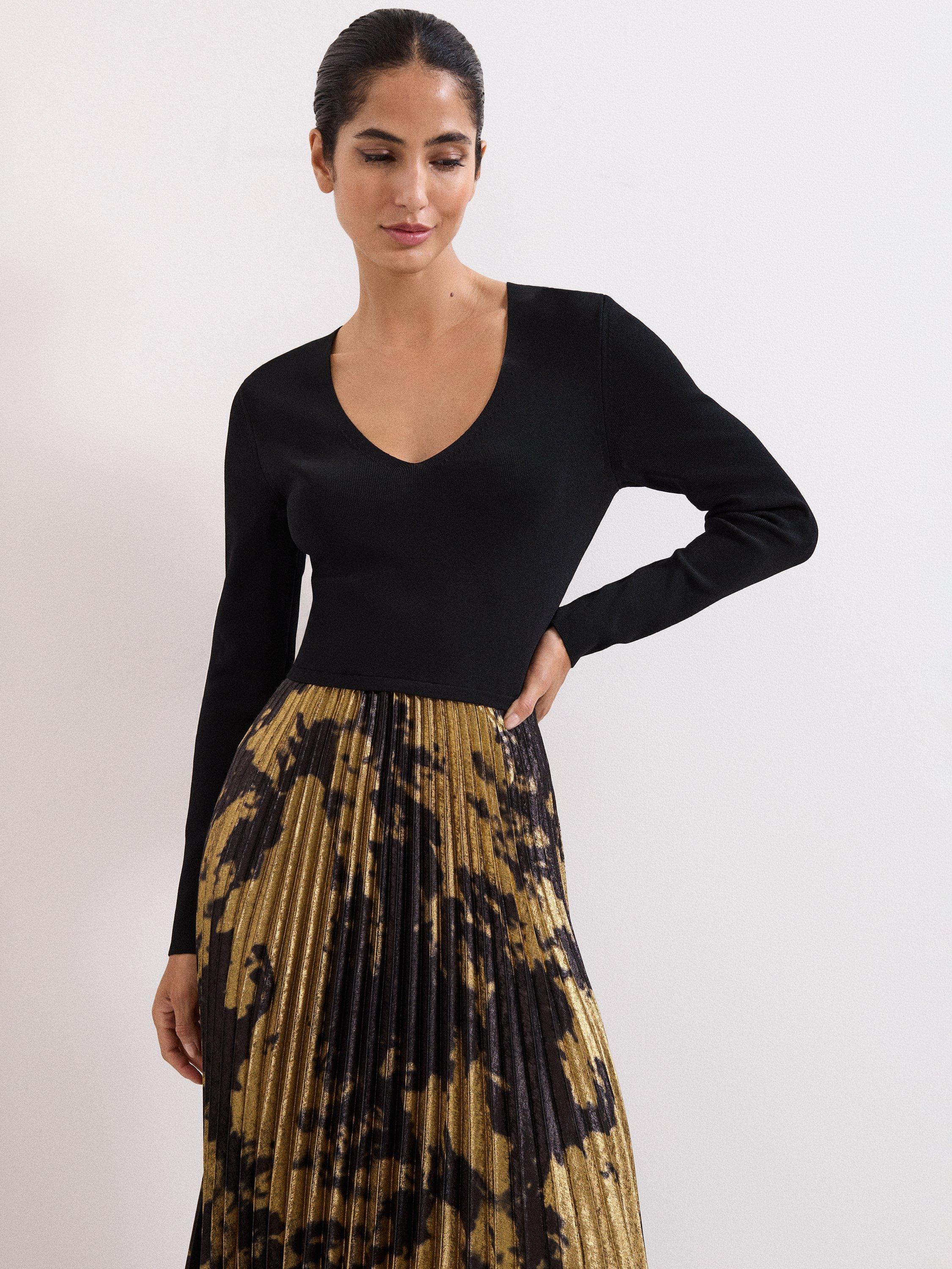 Product image 3 of 7, which shows Phase Eight Jenifer Split Pleated Print Dress, Gold/Black, 10