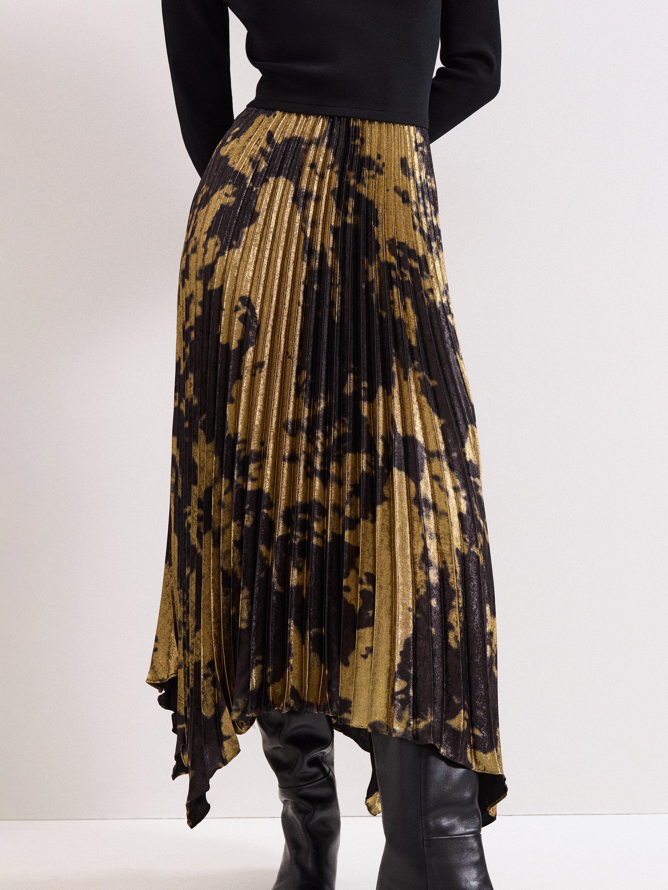 Product image 4 of 7, which shows Phase Eight Jenifer Split Pleated Print Dress, Gold/Black, 10