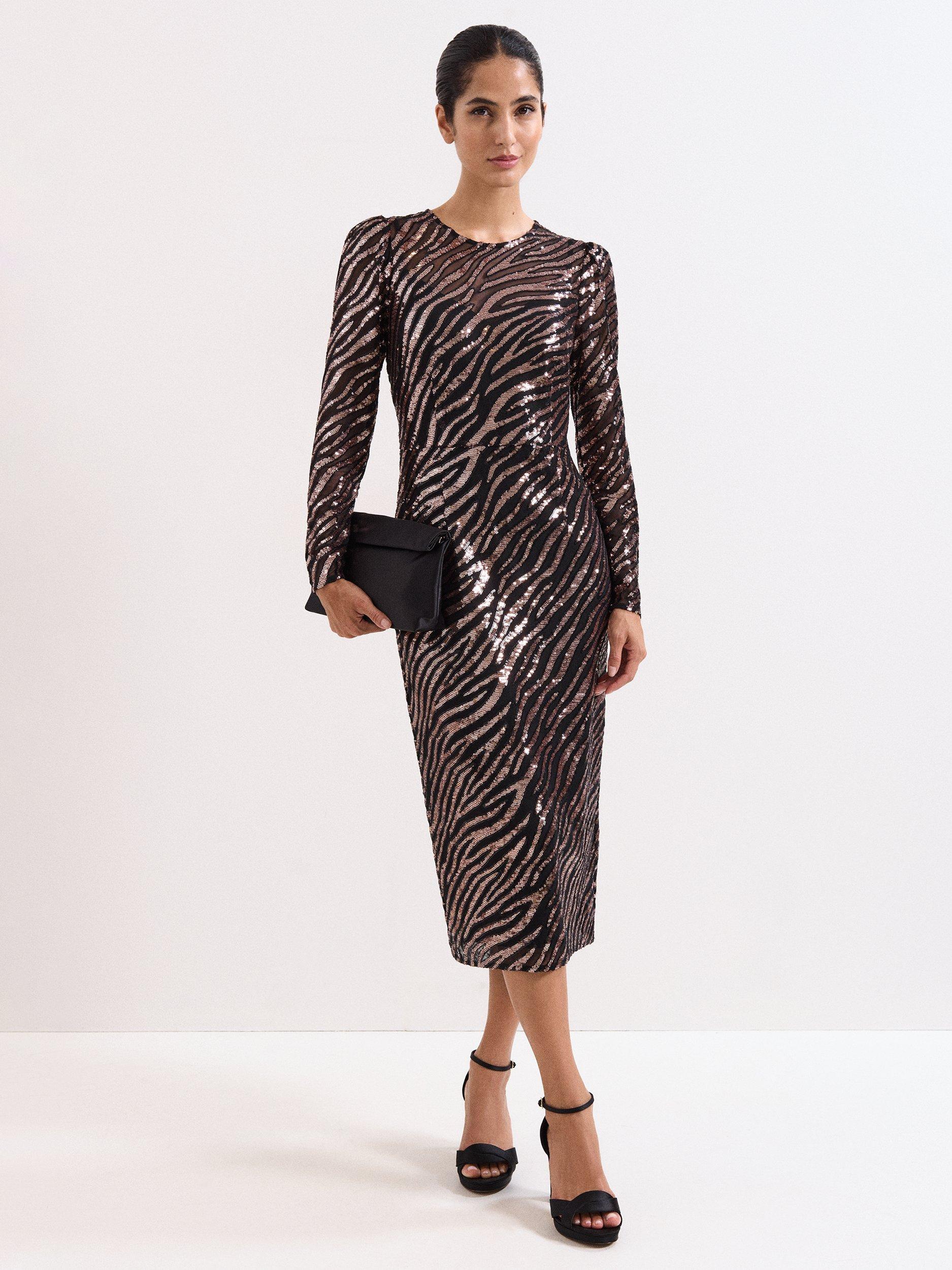 Product image 1 of 8, which shows Phase Eight Kate Animal Print Sequin Dress, Black/Multi, 6