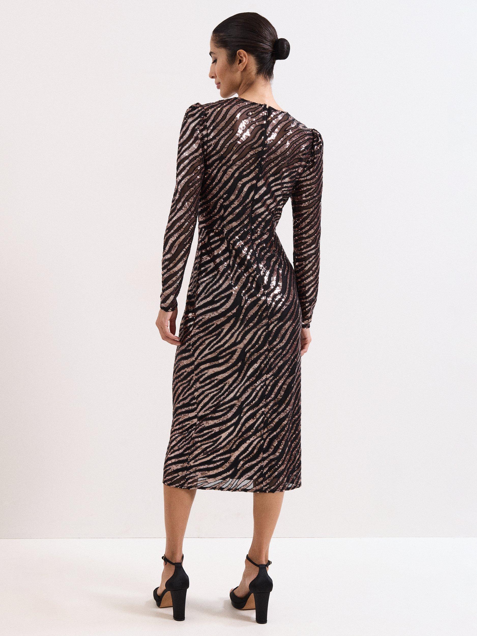 Product image 2 of 8, which shows Phase Eight Kate Animal Print Sequin Dress, Black/Multi, 6