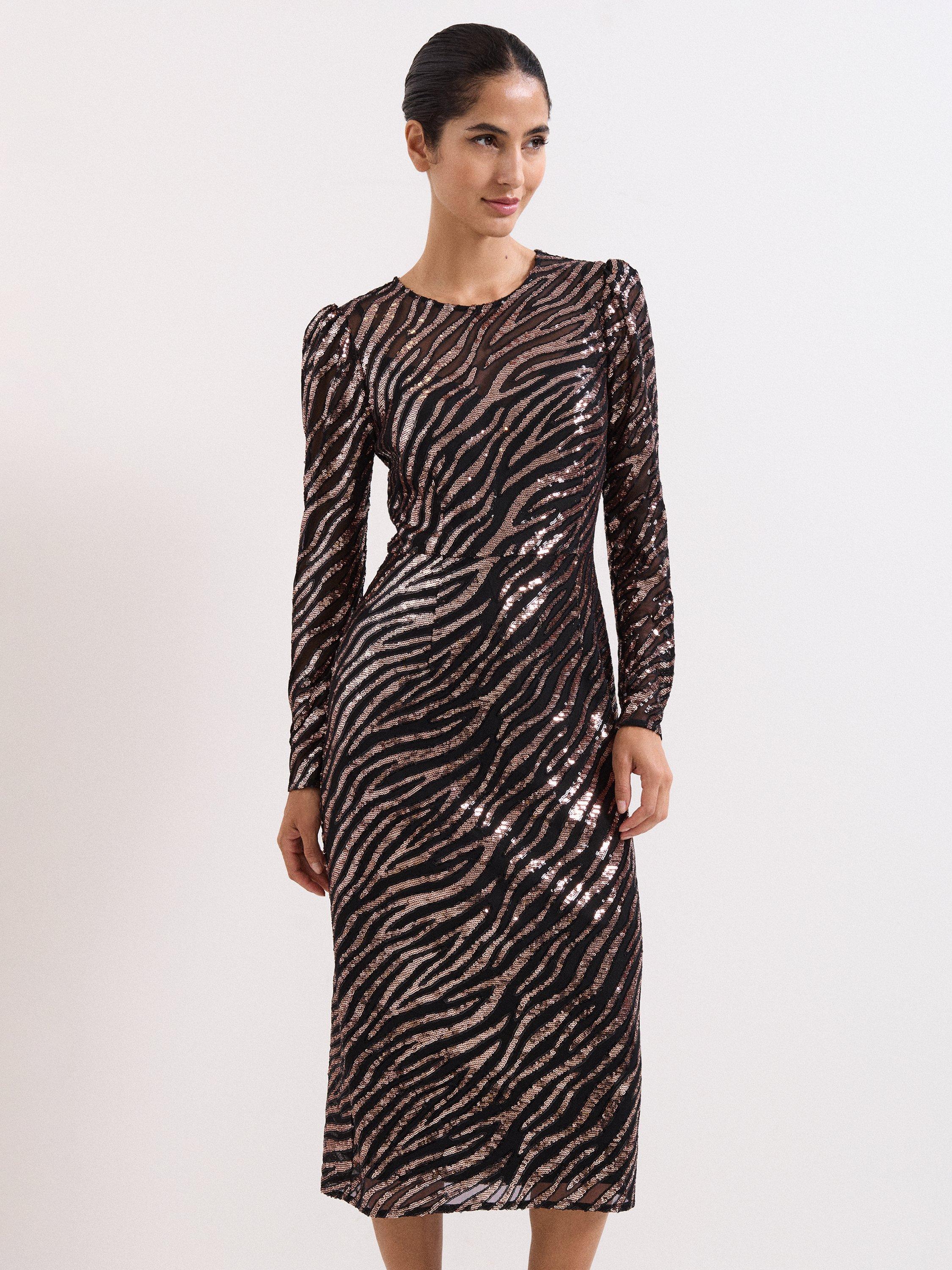 Product image 3 of 8, which shows Phase Eight Kate Animal Print Sequin Dress, Black/Multi, 6