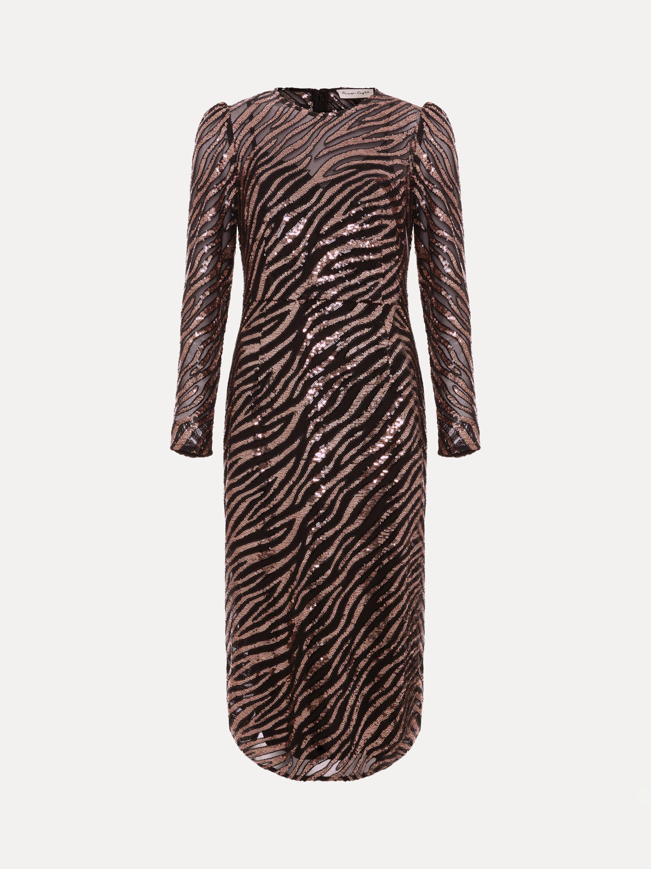 Product image 5 of 8, which shows Phase Eight Kate Animal Print Sequin Dress, Black/Multi, 6