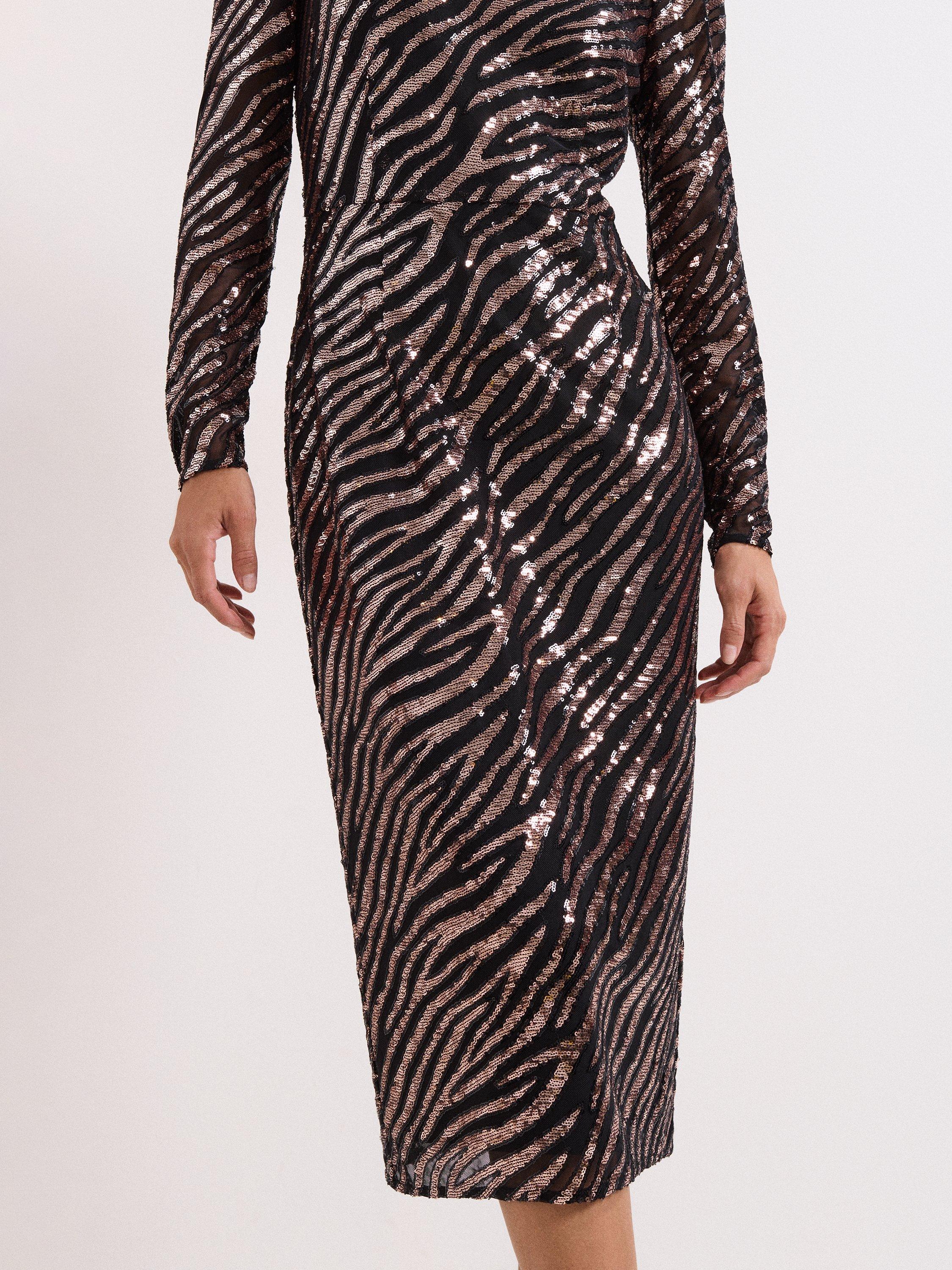 Product image 8 of 8, which shows Phase Eight Kate Animal Print Sequin Dress, Black/Multi, 6