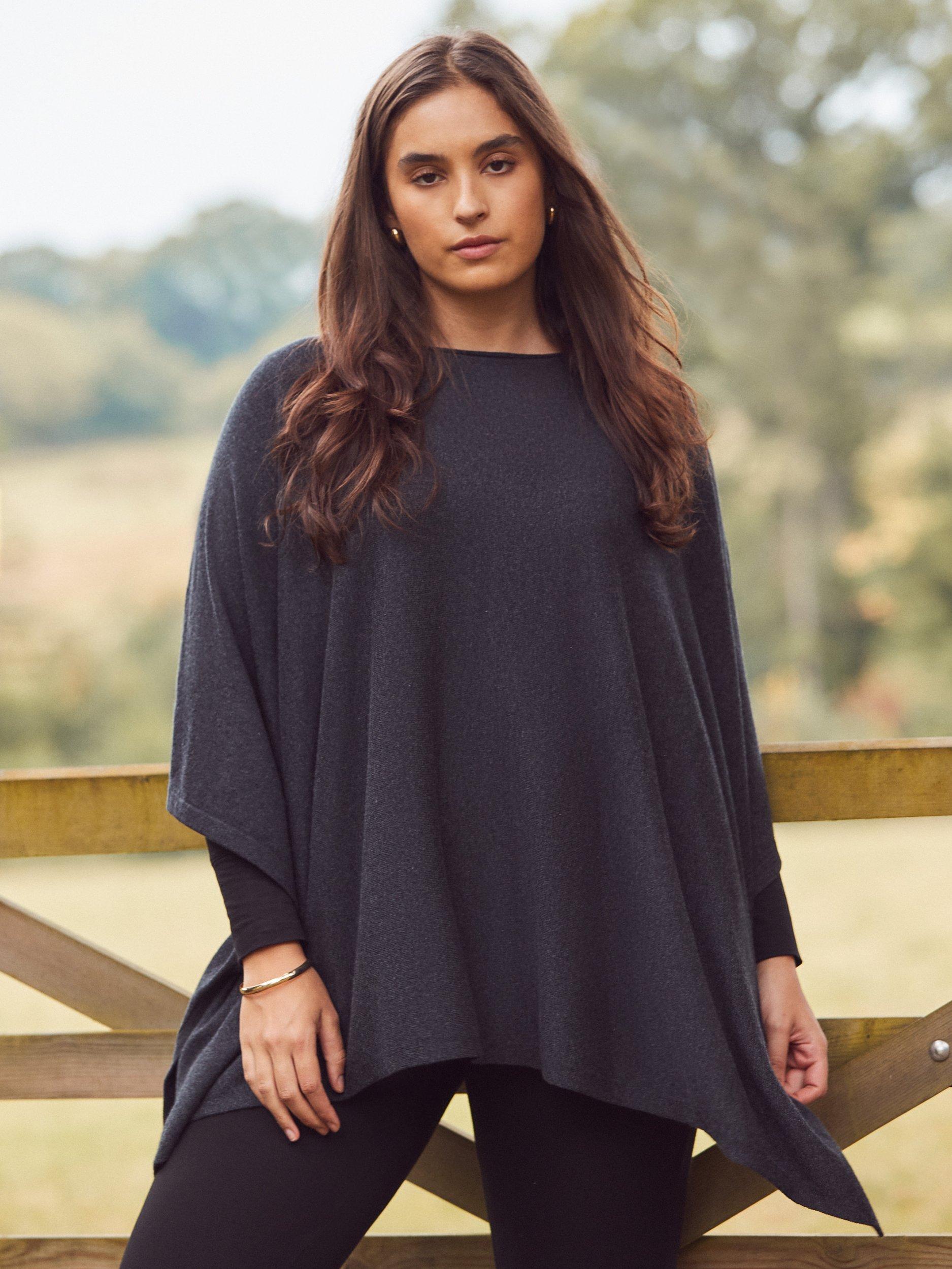 Product image 1 of 3, which shows Live Unlimited Curve Contrast Border Poncho, Grey, 14-16
