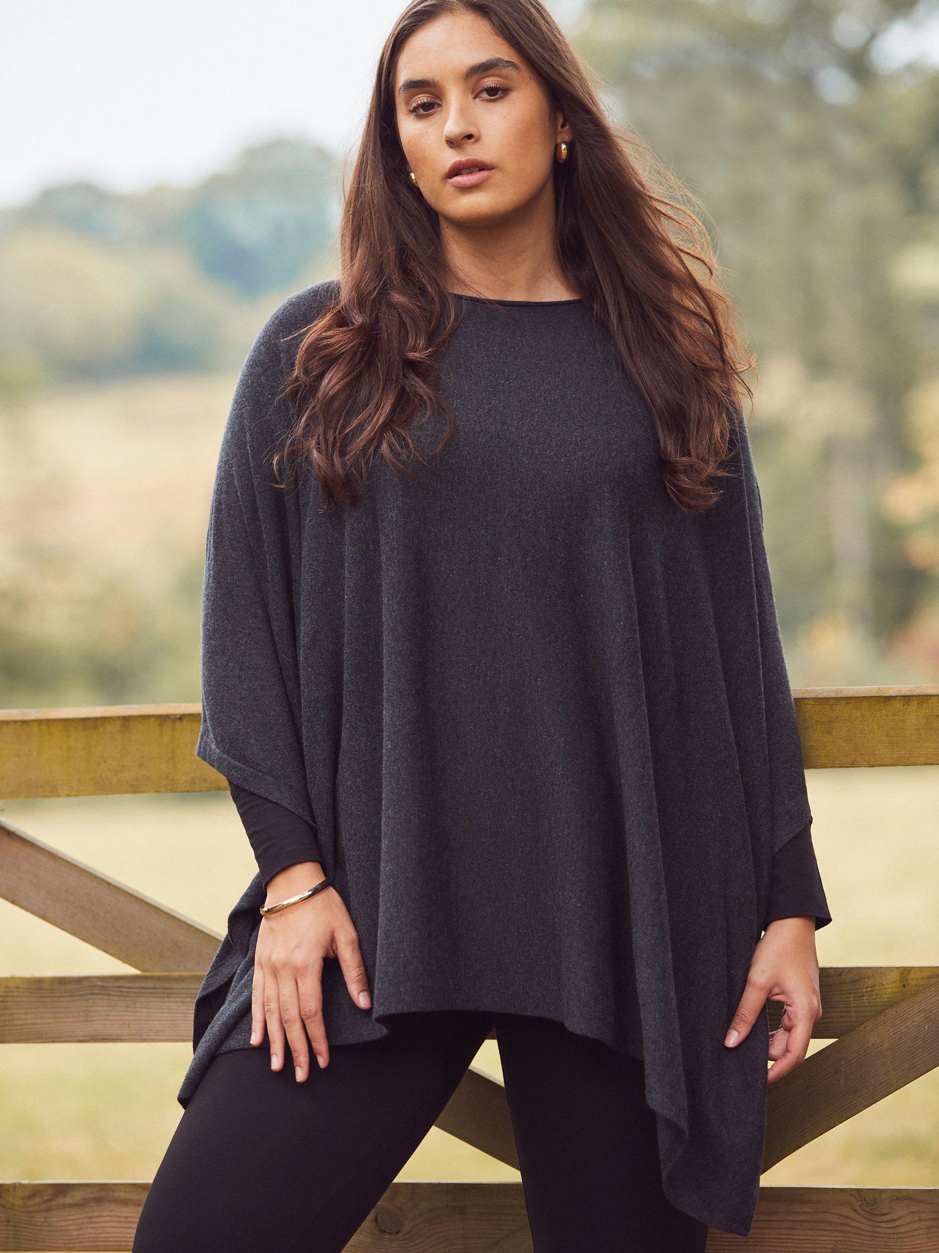 Product image 2 of 3, which shows Live Unlimited Curve Contrast Border Poncho, Grey, 14-16