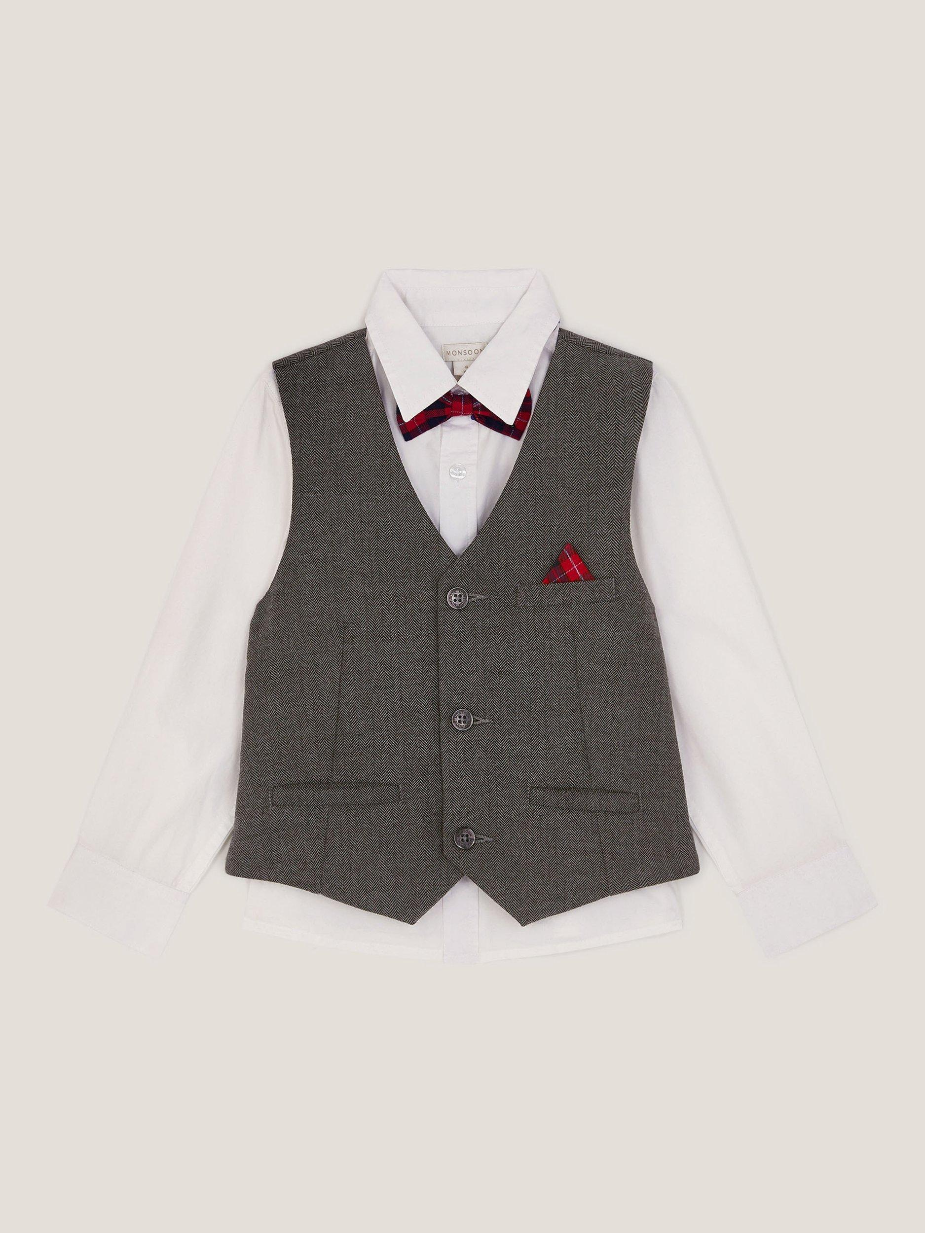 Product image 1 of 3, which shows Monsoon Kids' 3-Piece Waistcoat & Shirt Set, Grey, 6-12 months