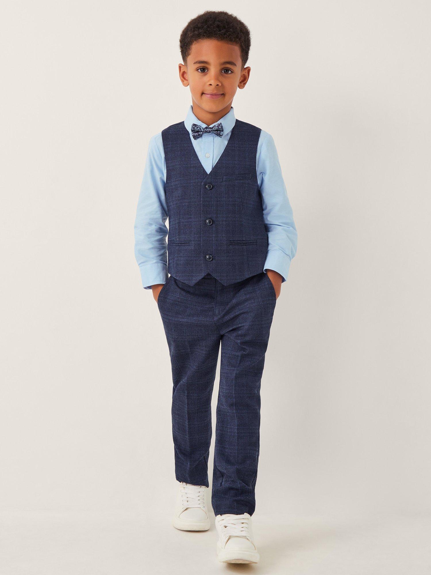 Product image 1 of 4, which shows Monsoon Kids' Oliver 4-Piece Check Suit, Navy, 3-6 months