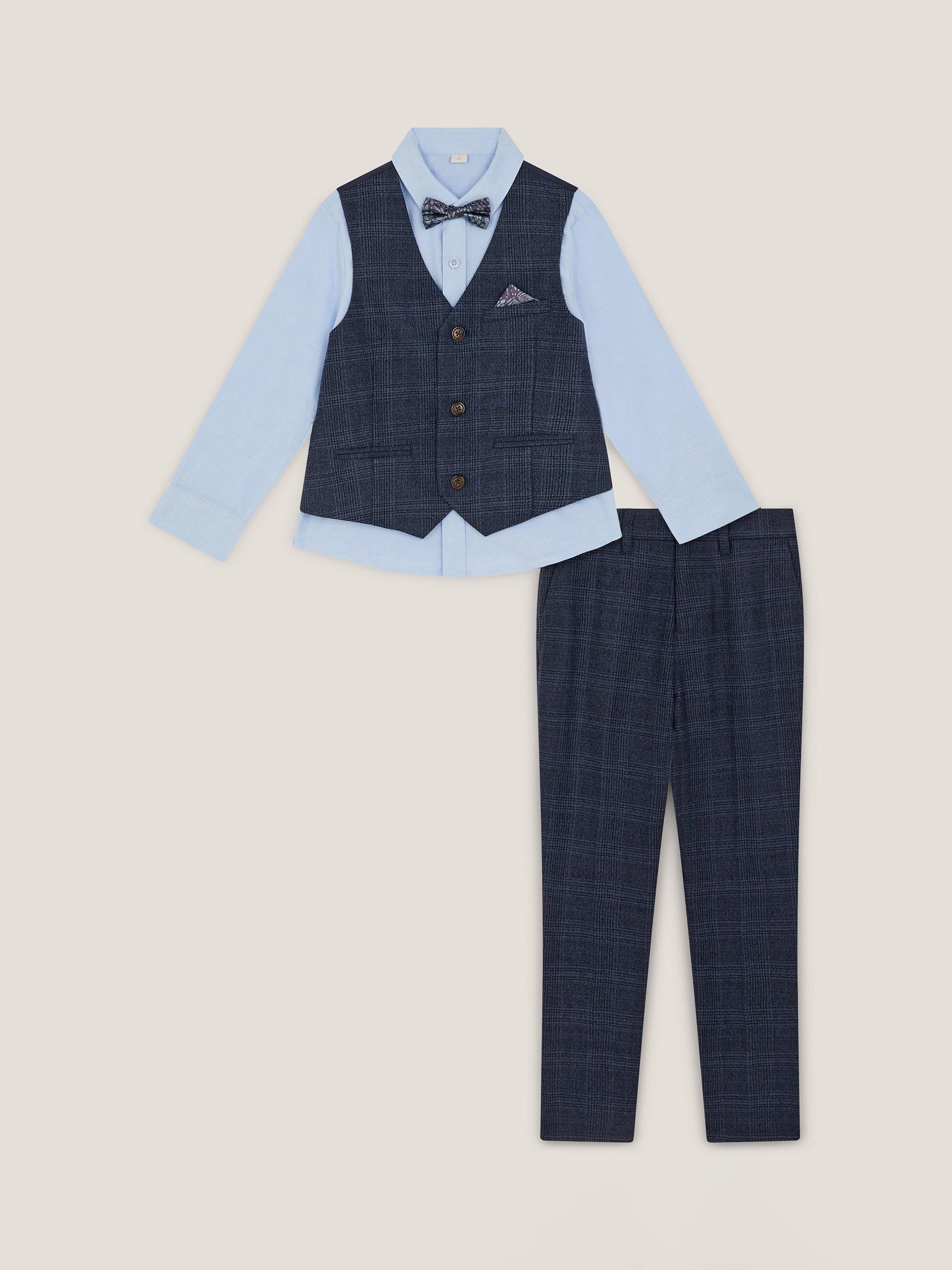 Product image 2 of 4, which shows Monsoon Kids' Oliver 4-Piece Check Suit, Navy, 3-6 months