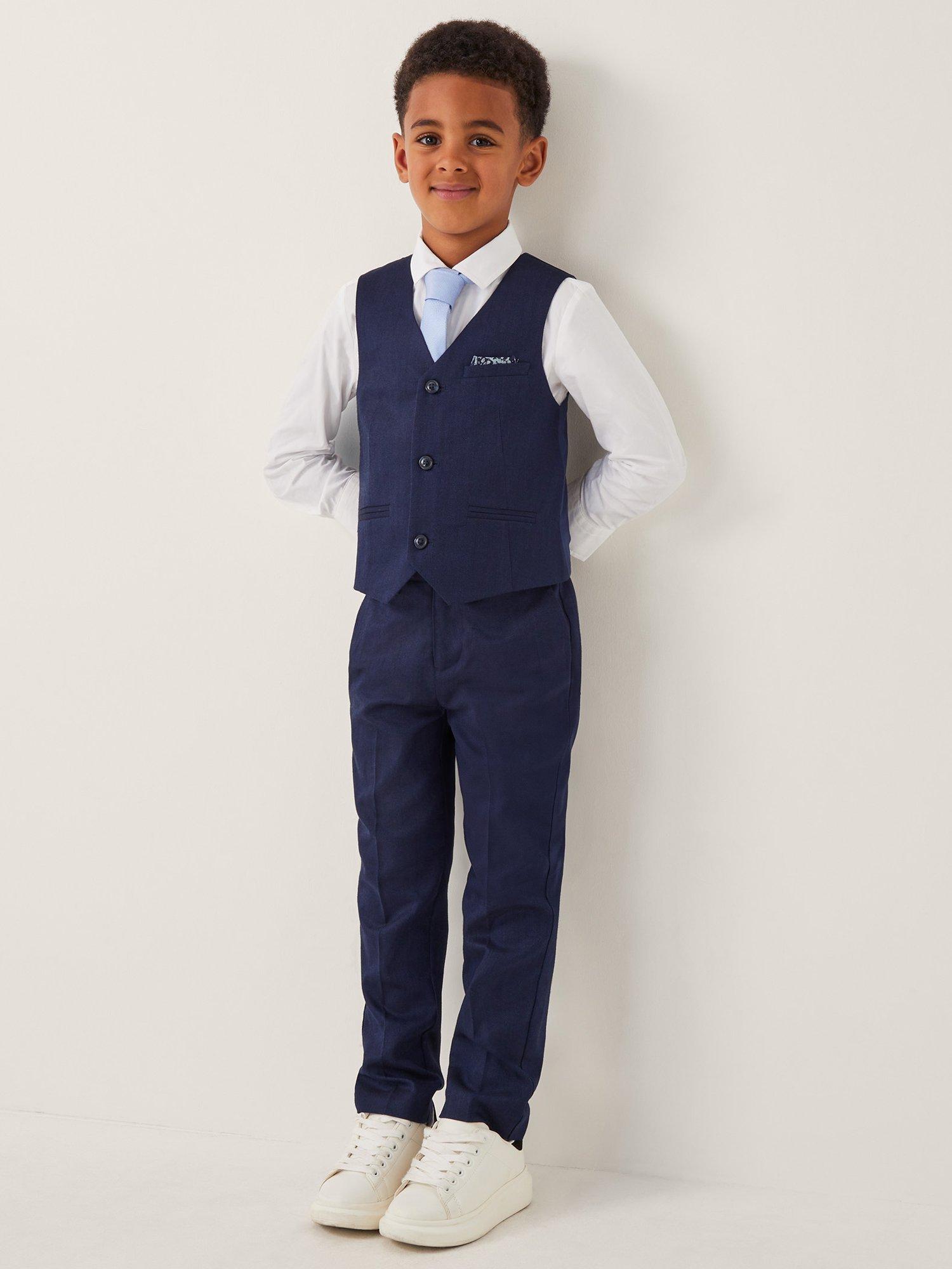 Product image 1 of 4, which shows Monsoon Kids' Harry 4-Piece Herringbone Suit & Tie Set, Navy, 6-12 months