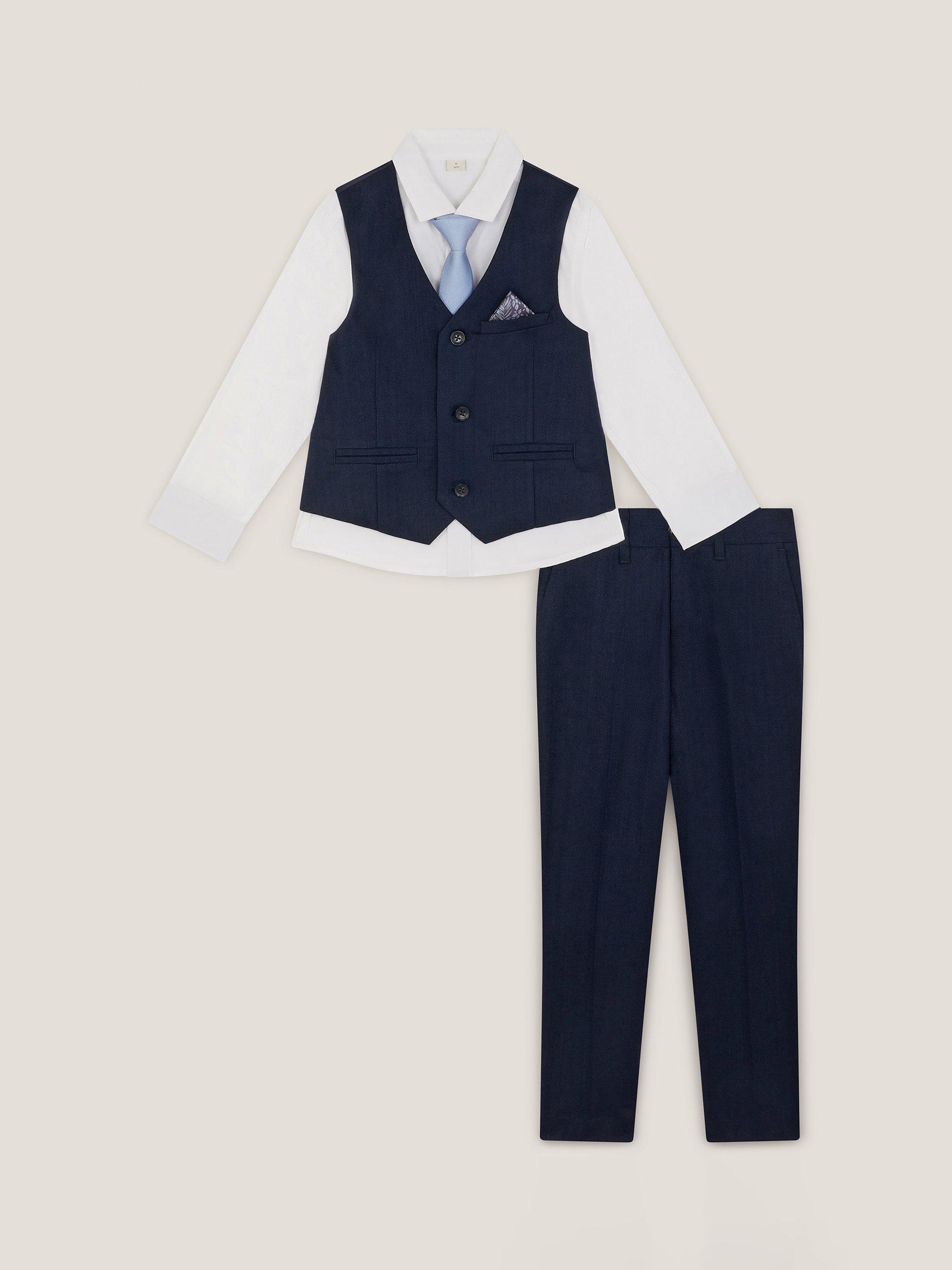 Product image 2 of 4, which shows Monsoon Kids' Harry 4-Piece Herringbone Suit & Tie Set, Navy, 6-12 months