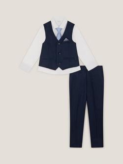 Monsoon Kids' Harry 4-Piece Herringbone Suit & Tie Set, Navy - view 2, Navy