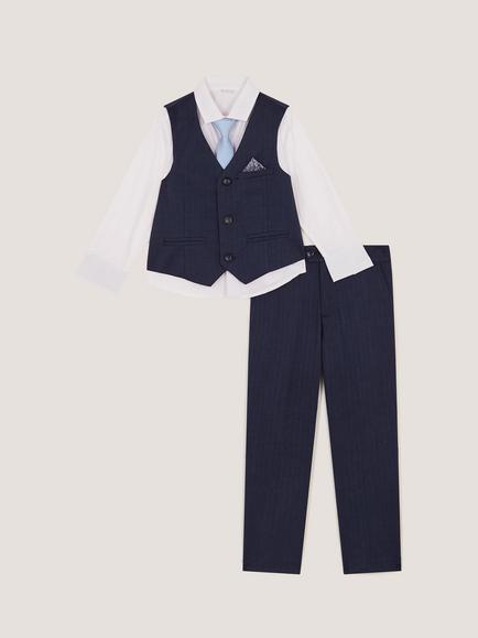 Monsoon Kids' Harry 4-Piece Herringbone Suit & Tie Set, Navy - view 2, Navy