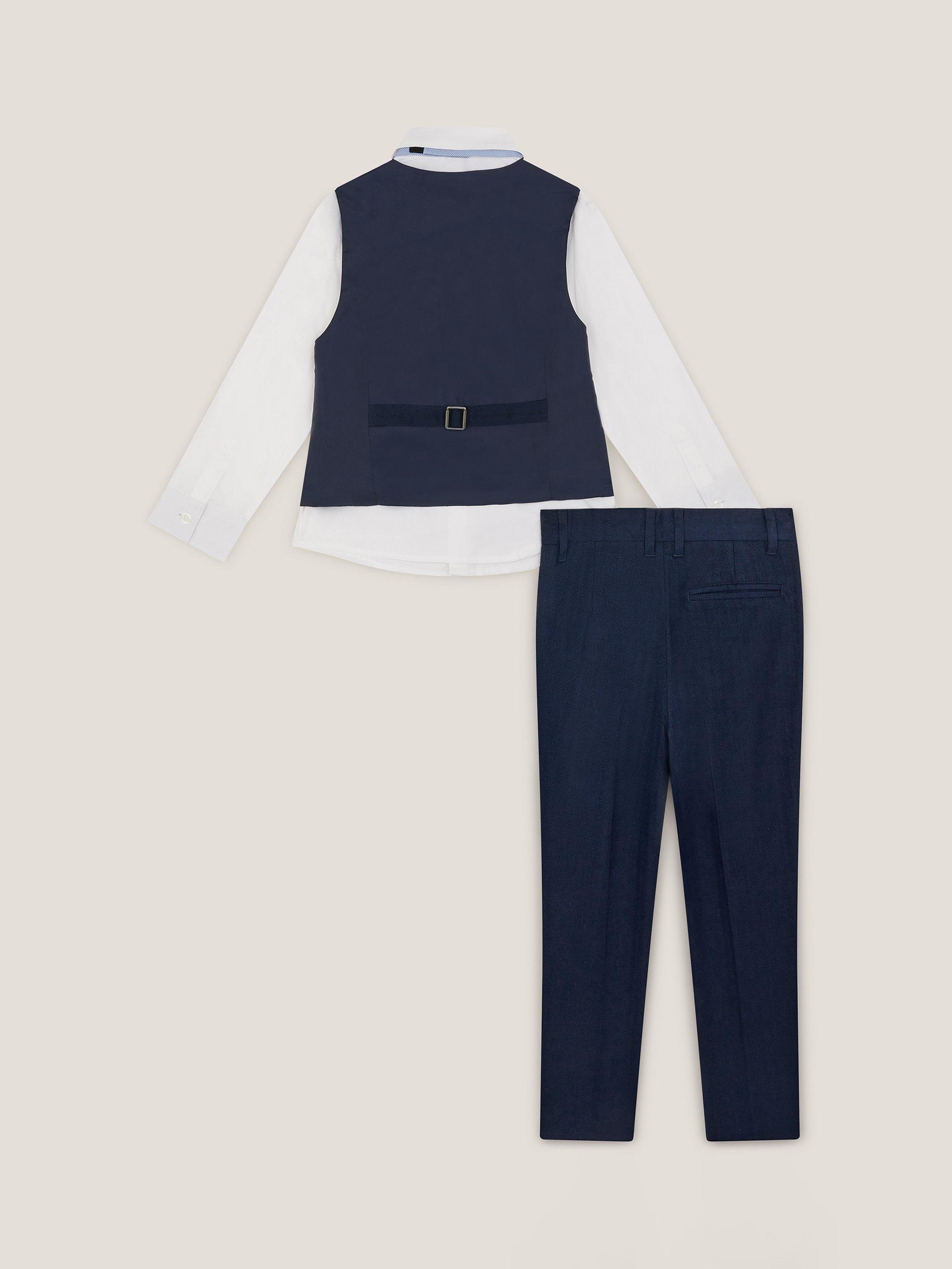Product image 3 of 4, which shows Monsoon Kids' Harry 4-Piece Herringbone Suit & Tie Set, Navy, 6-12 months