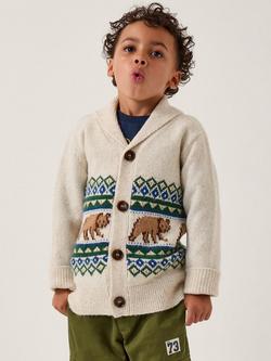 Monsoon Kids' Bear Fair Isle Cardigan, Ivory, Ivory