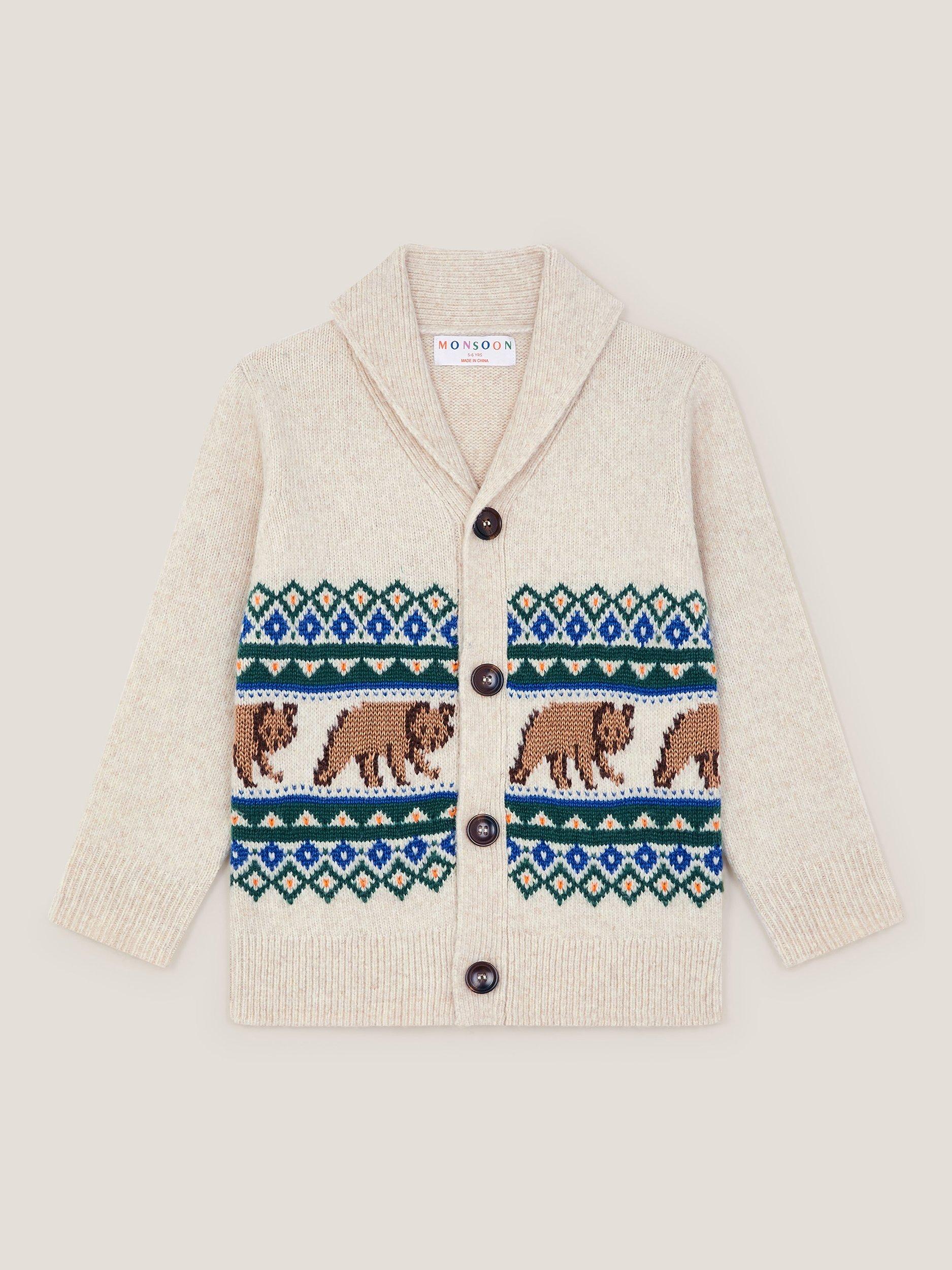 Product image 2 of 4, which shows Monsoon Kids' Bear Fair Isle Cardigan, Ivory, 18-24 months