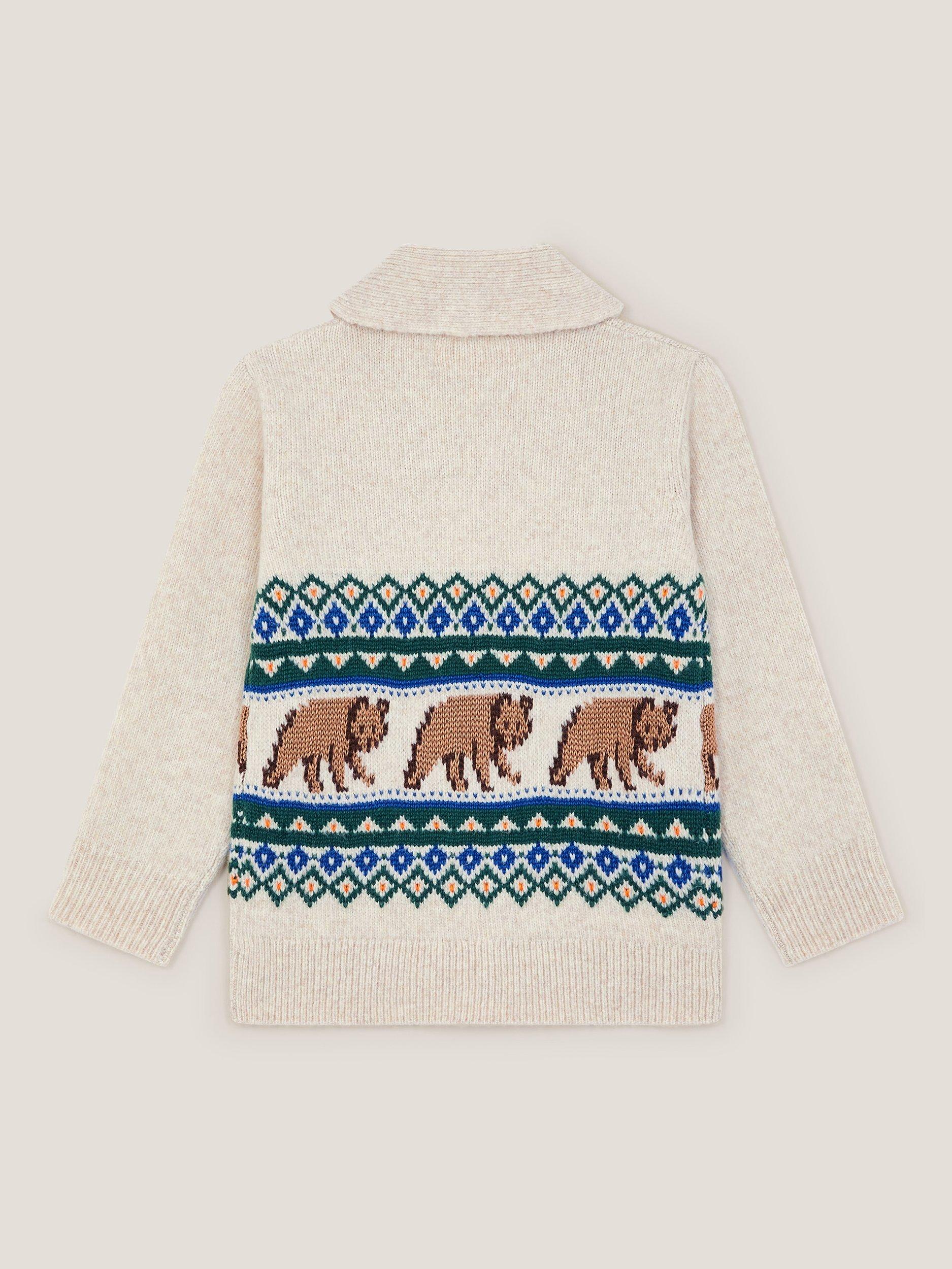 Product image 3 of 4, which shows Monsoon Kids' Bear Fair Isle Cardigan, Ivory, 18-24 months