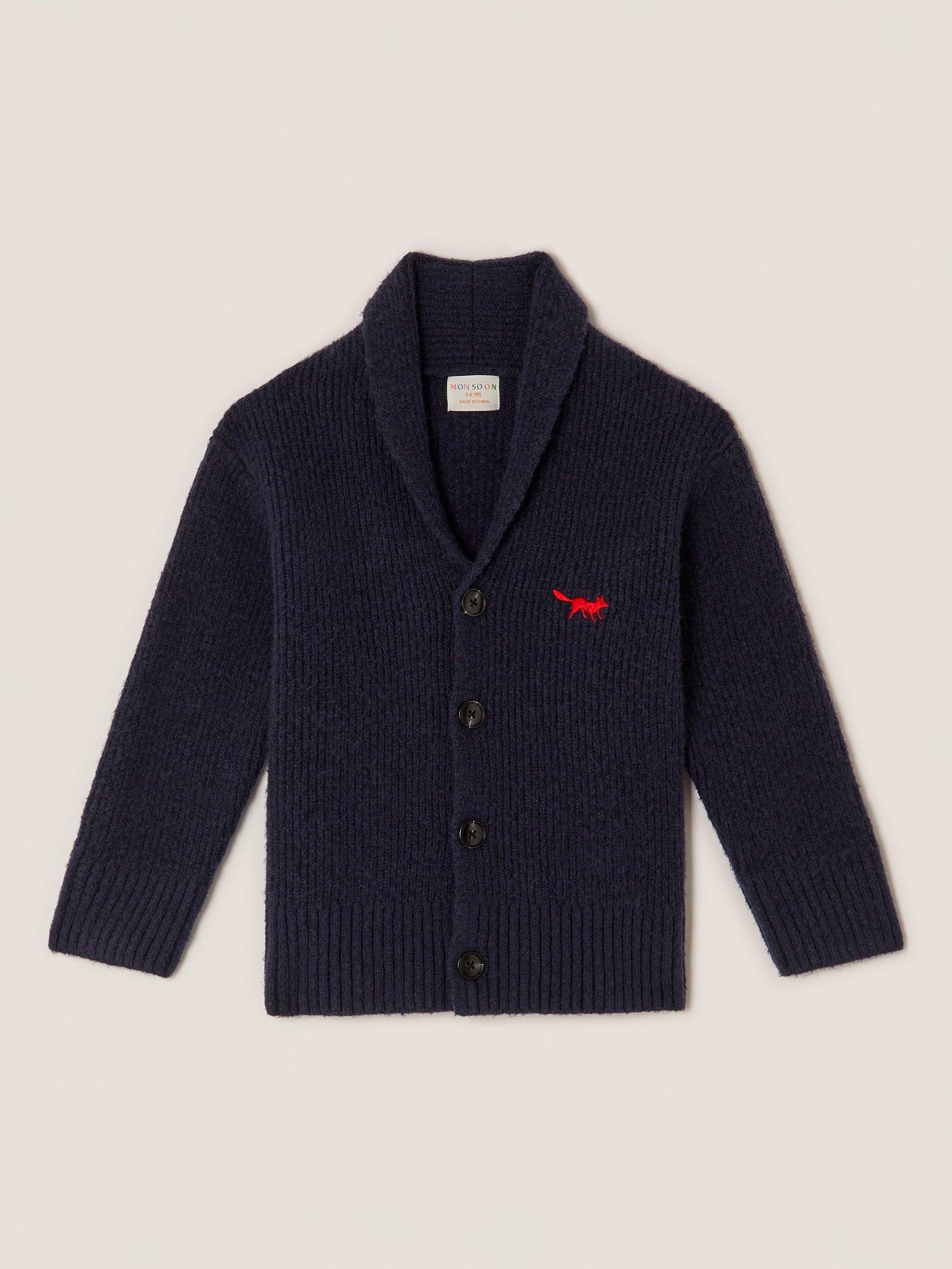 Product image 2 of 4, which shows Monsoon Kids' Fox Shawl Cardigan, Navy, 3-4 years