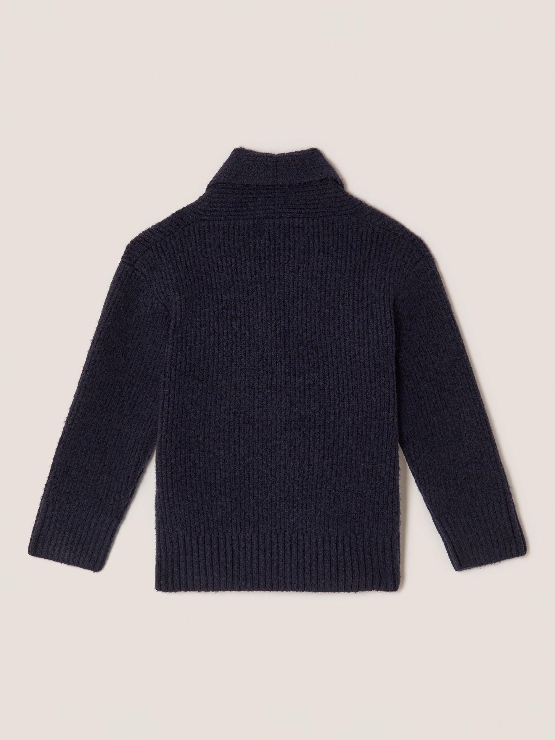 Product image 3 of 4, which shows Monsoon Kids' Fox Shawl Cardigan, Navy, 3-4 years