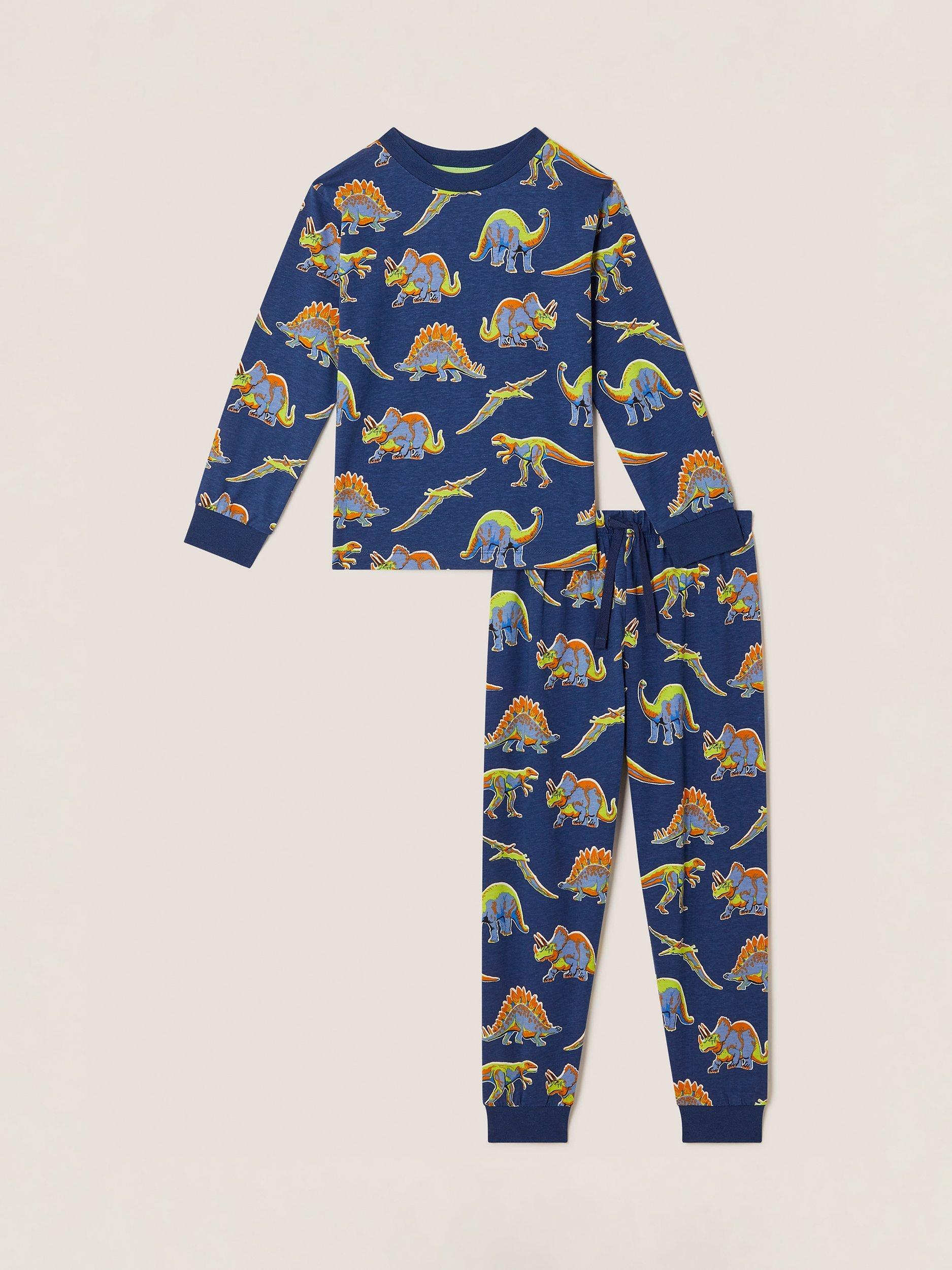 Product image 1 of 4, which shows Monsoon Kids' Cotton Dinosaur Long Sleeved Pyjama Set, Navy, 2-3 years