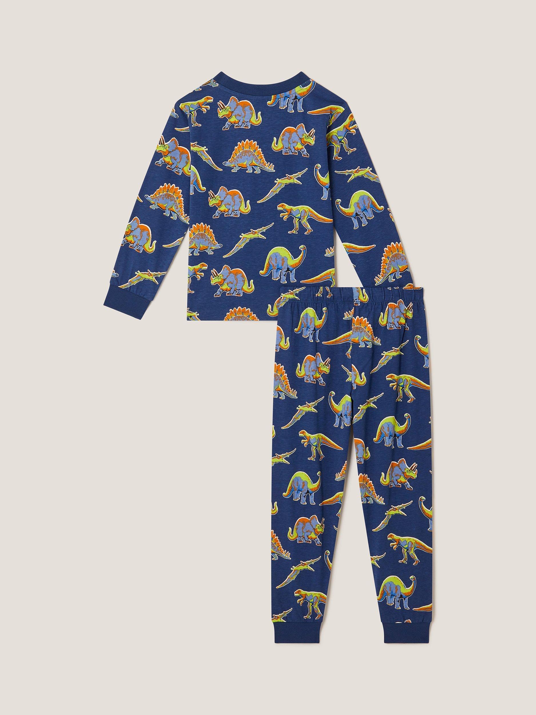 Product image 2 of 4, which shows Monsoon Kids' Cotton Dinosaur Long Sleeved Pyjama Set, Navy, 2-3 years