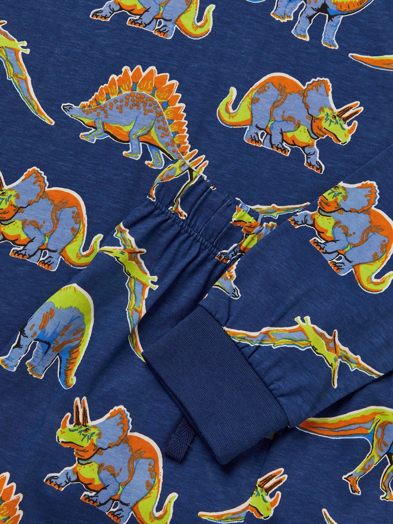 Product image 3 of 4, which shows Monsoon Kids' Cotton Dinosaur Long Sleeved Pyjama Set, Navy, 2-3 years