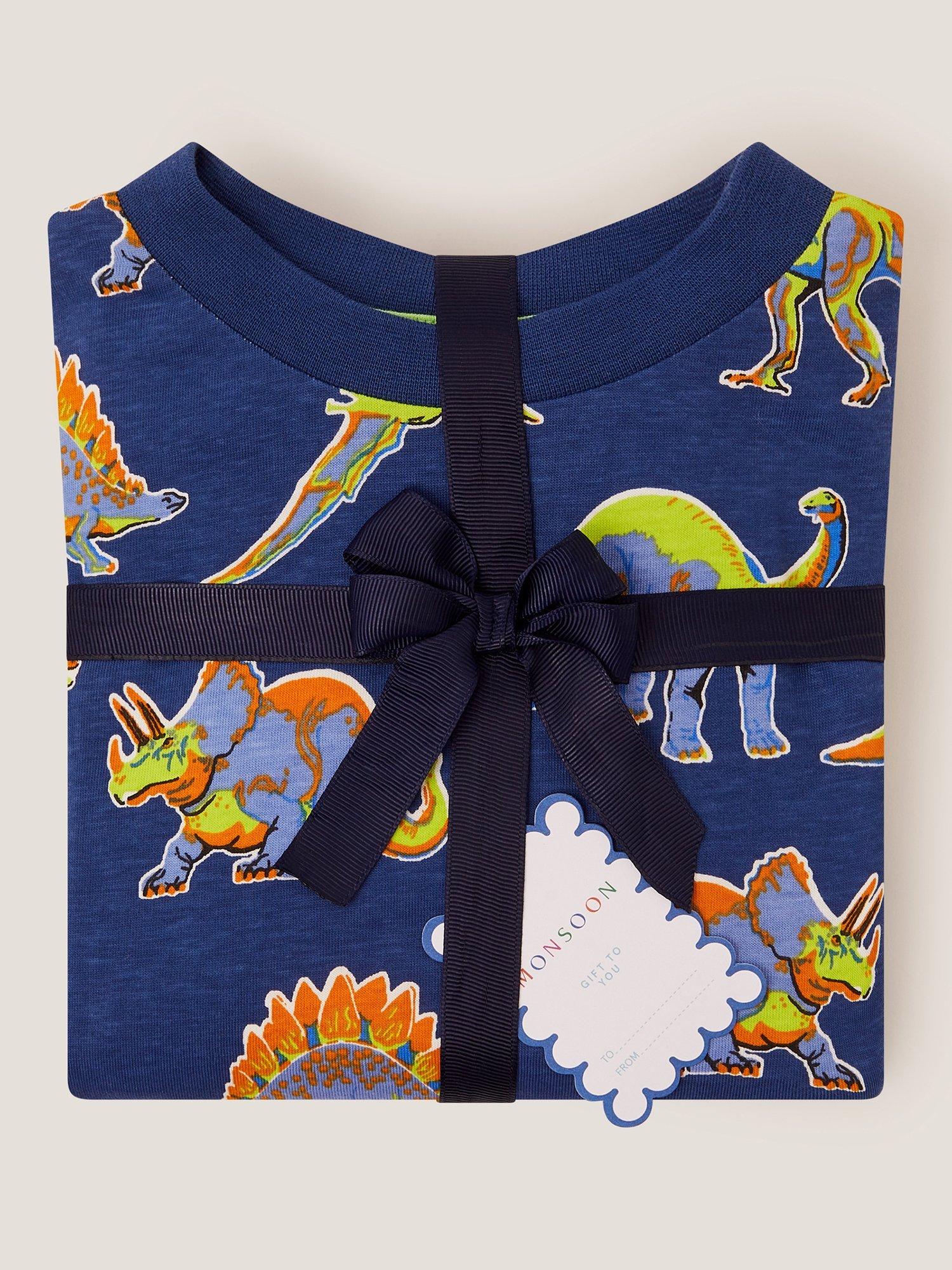 Product image 4 of 4, which shows Monsoon Kids' Cotton Dinosaur Long Sleeved Pyjama Set, Navy, 2-3 years