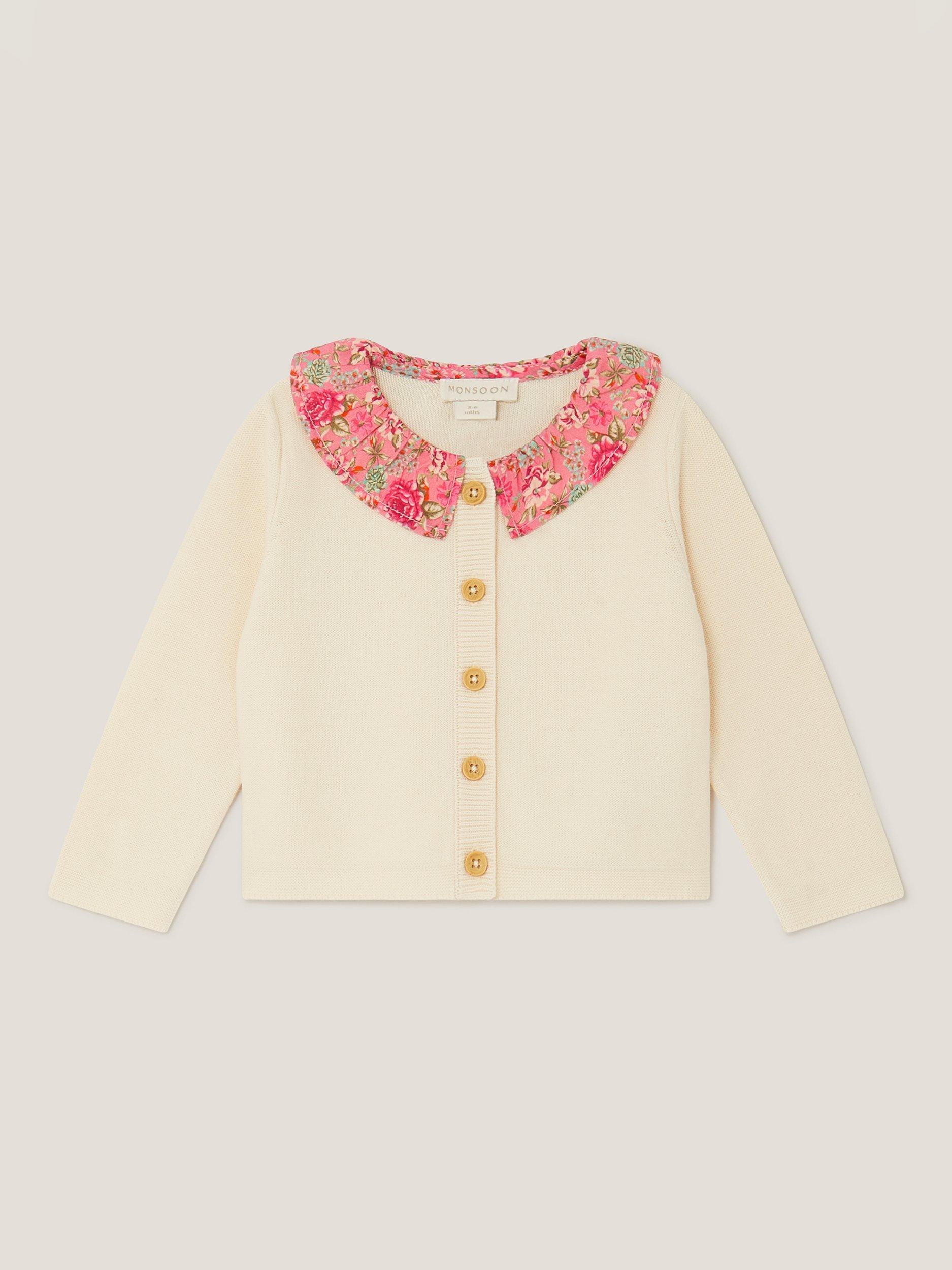 Product image 1 of 3, which shows Monsoon Baby Cotton Cardigan, Ivory, 0-3 months