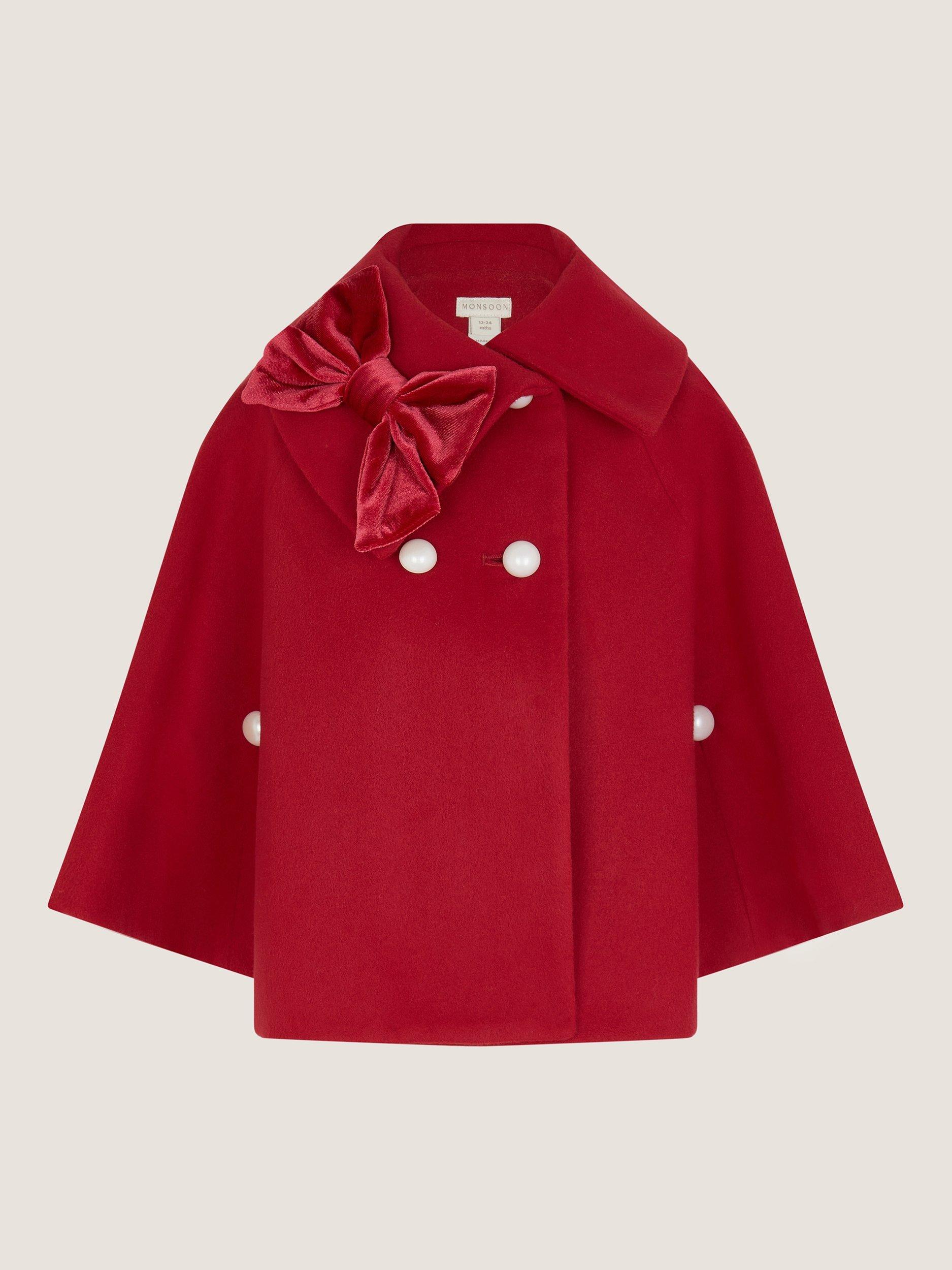 Product image 2 of 4, which shows Monsoon Baby Velvet Bow Cape Coat, Red, 0-6 months