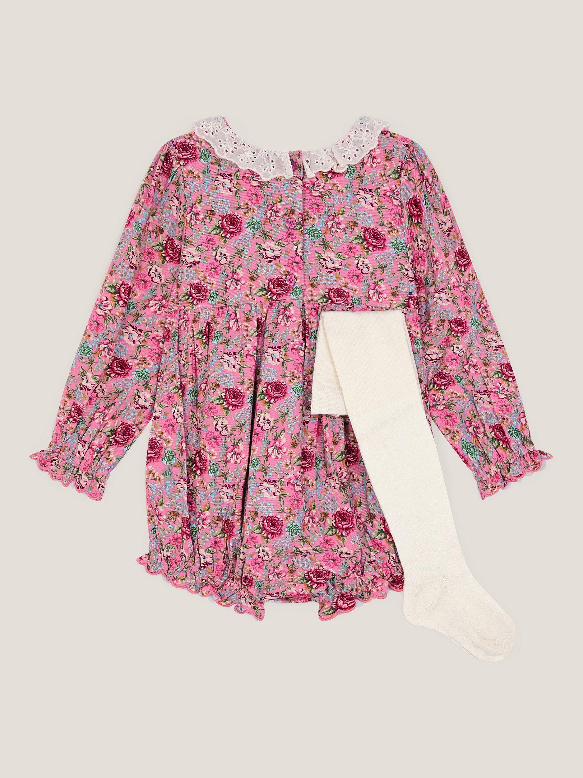 Product image 1 of 1, which shows Monsoon Baby Dollie Romper & Tights Set, Pink, 0-3 months