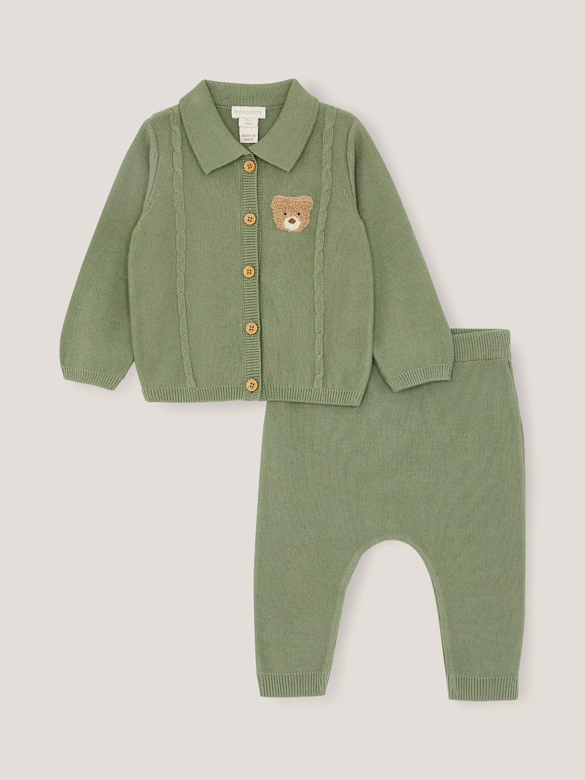 Monsoon Baby Newborn Bear Knitted Cardigan and Trousers Set, Green
