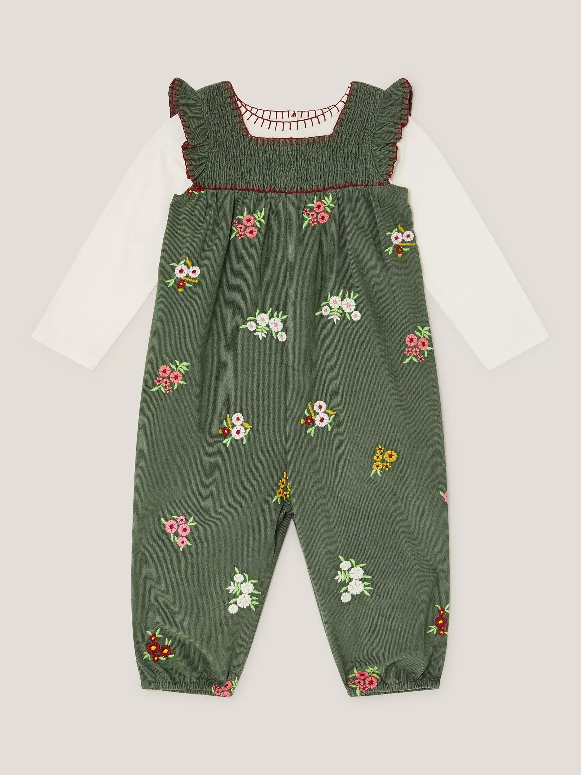 Monsoon Baby Floral Top and Dungarees Set, Green