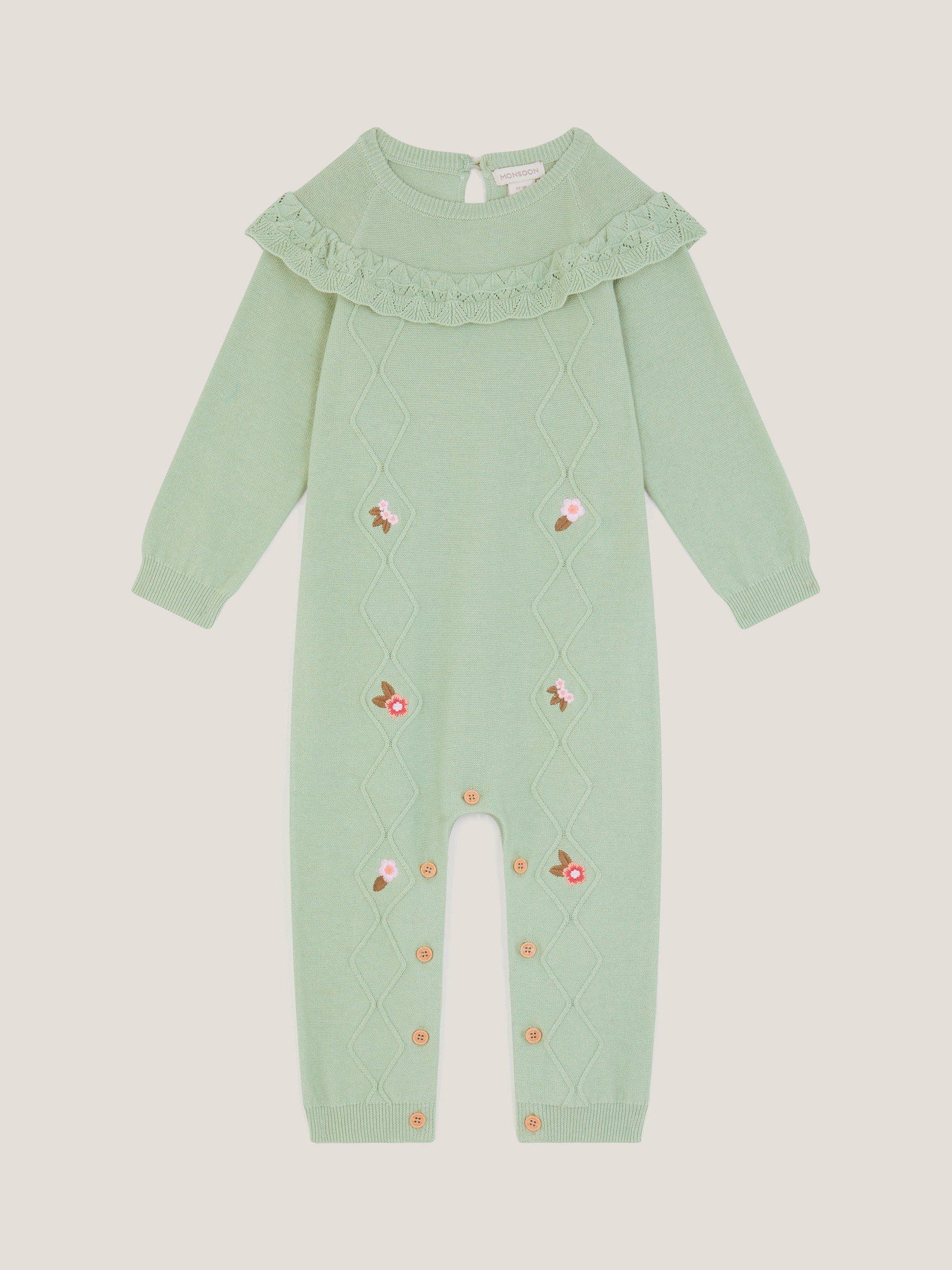 Product image 1 of 3, which shows Monsoon Baby Cotton Long Sleeved Romper, Green, 0-3 months