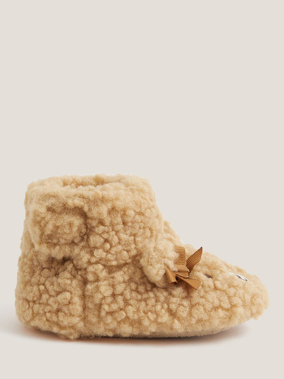 Product image 1 of 3, which shows Monsoon Baby Borg Teddy Bear Slipper Boots, Tan, 3-6 months