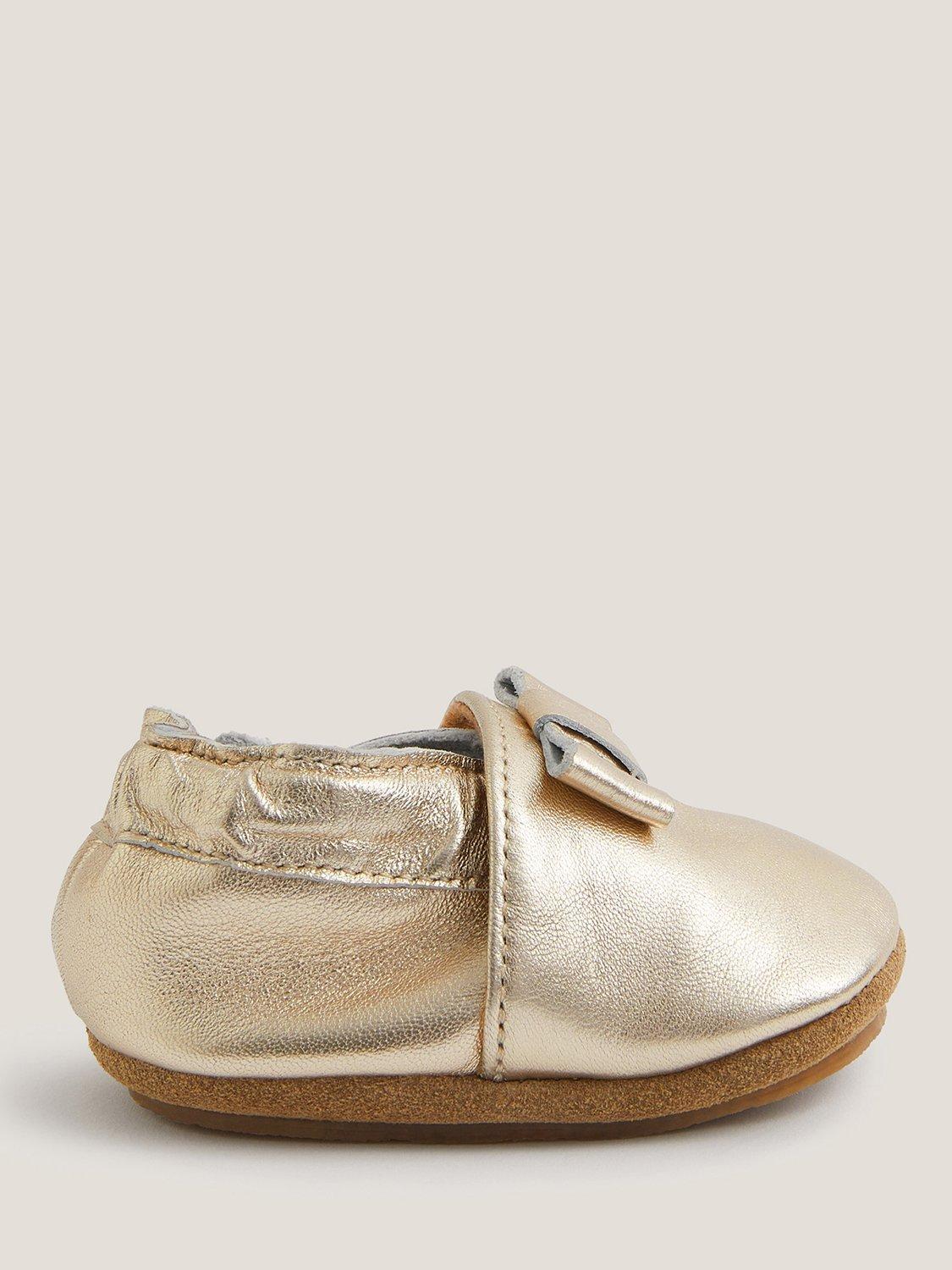 Product image 1 of 3, which shows Monsoon Baby Metallic Leather Bow Booties, Gold, 0-3 months