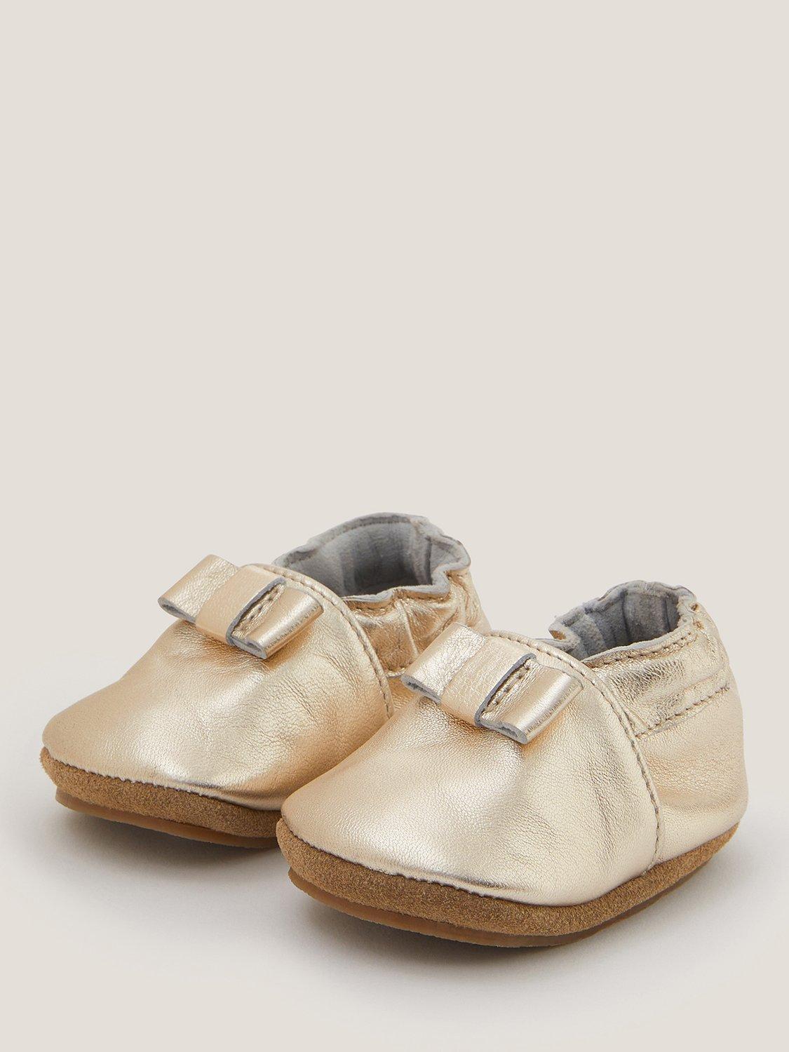 Product image 2 of 3, which shows Monsoon Baby Metallic Leather Bow Booties, Gold, 0-3 months