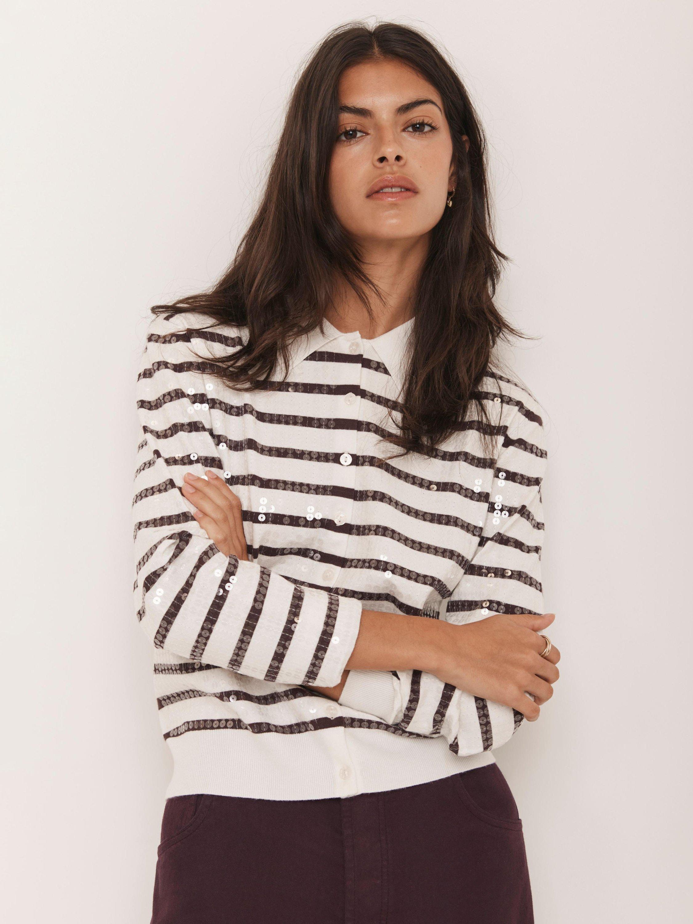 Product image 1 of 8, which shows Mint Velvet Stripe Sequin Collar Cardigan, Red Burgundy, XS